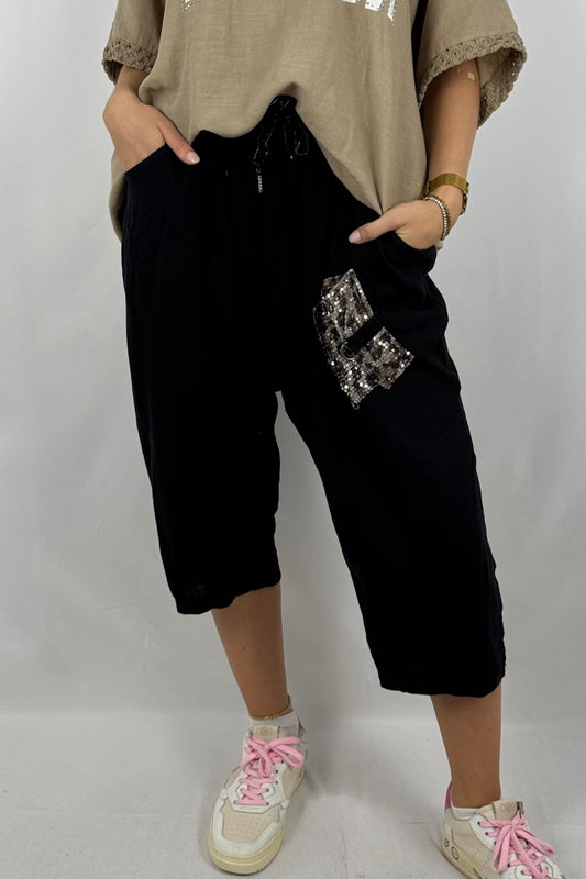Leinen-Shorts mit Pailletten-Applikation-Schwarz
