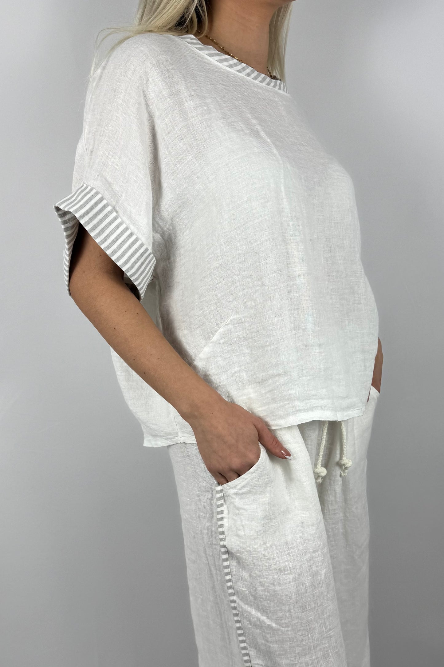 Leinen Shirt mit Streifen Detail-Weiß