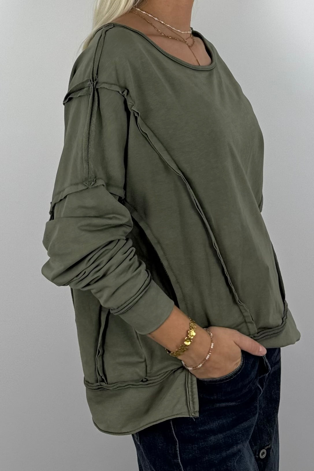Oversize Shirt mit dekorativen Nahtdetails –Khaki