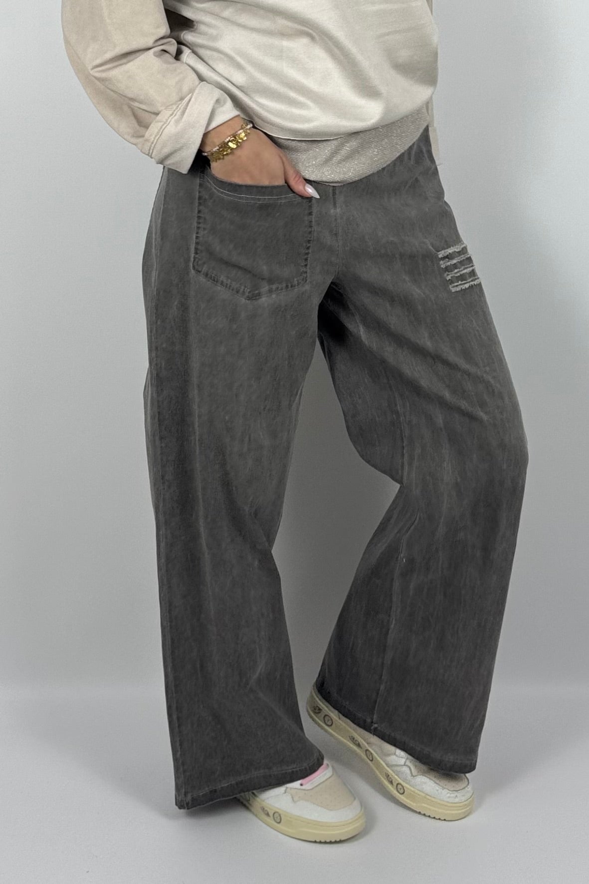 Damen Wide-Leg Hose mit Destroyed-Details – Mud