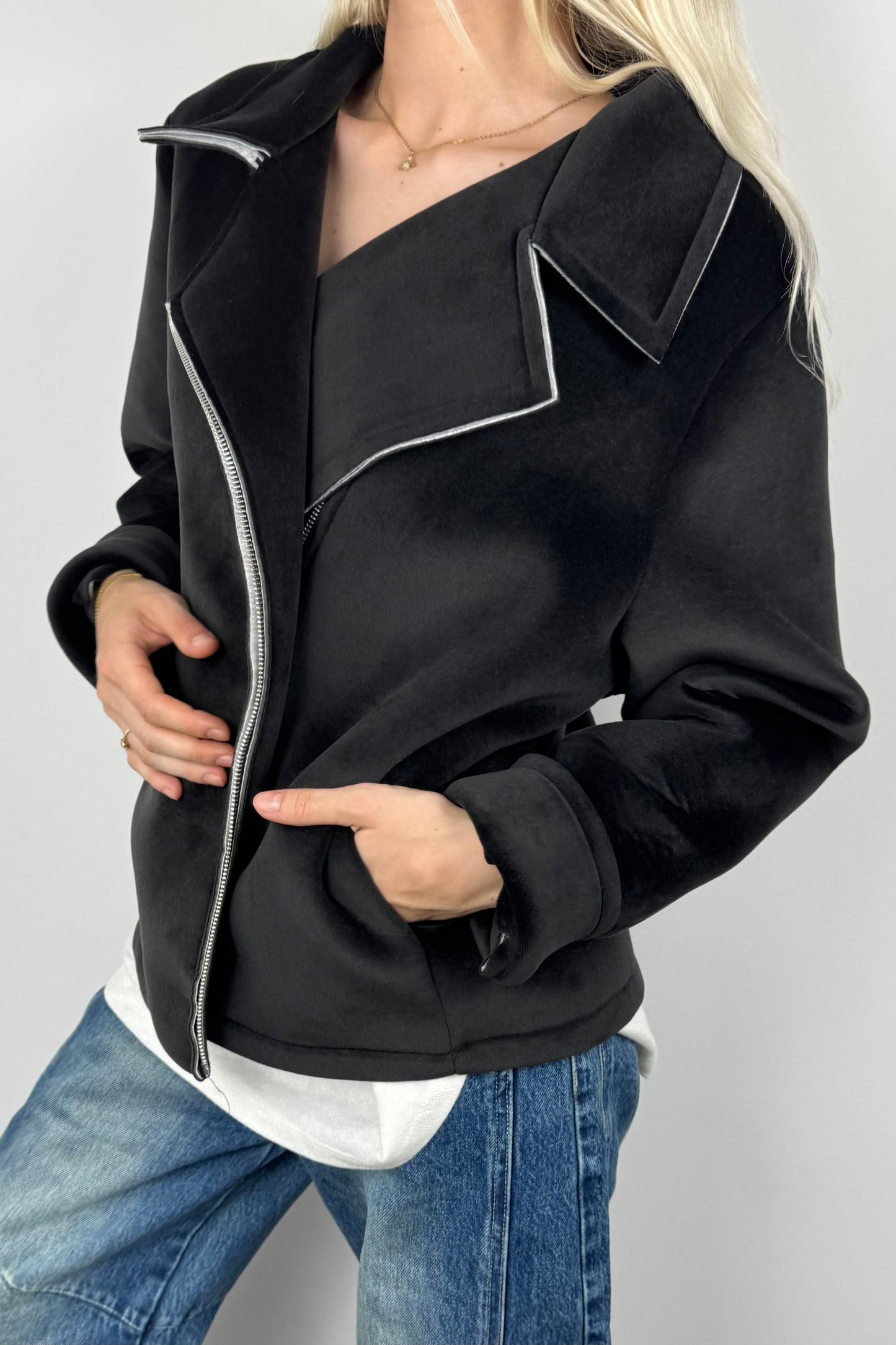Jacke mit Reißverschluss und Rock & Roll Print-Schwarz
