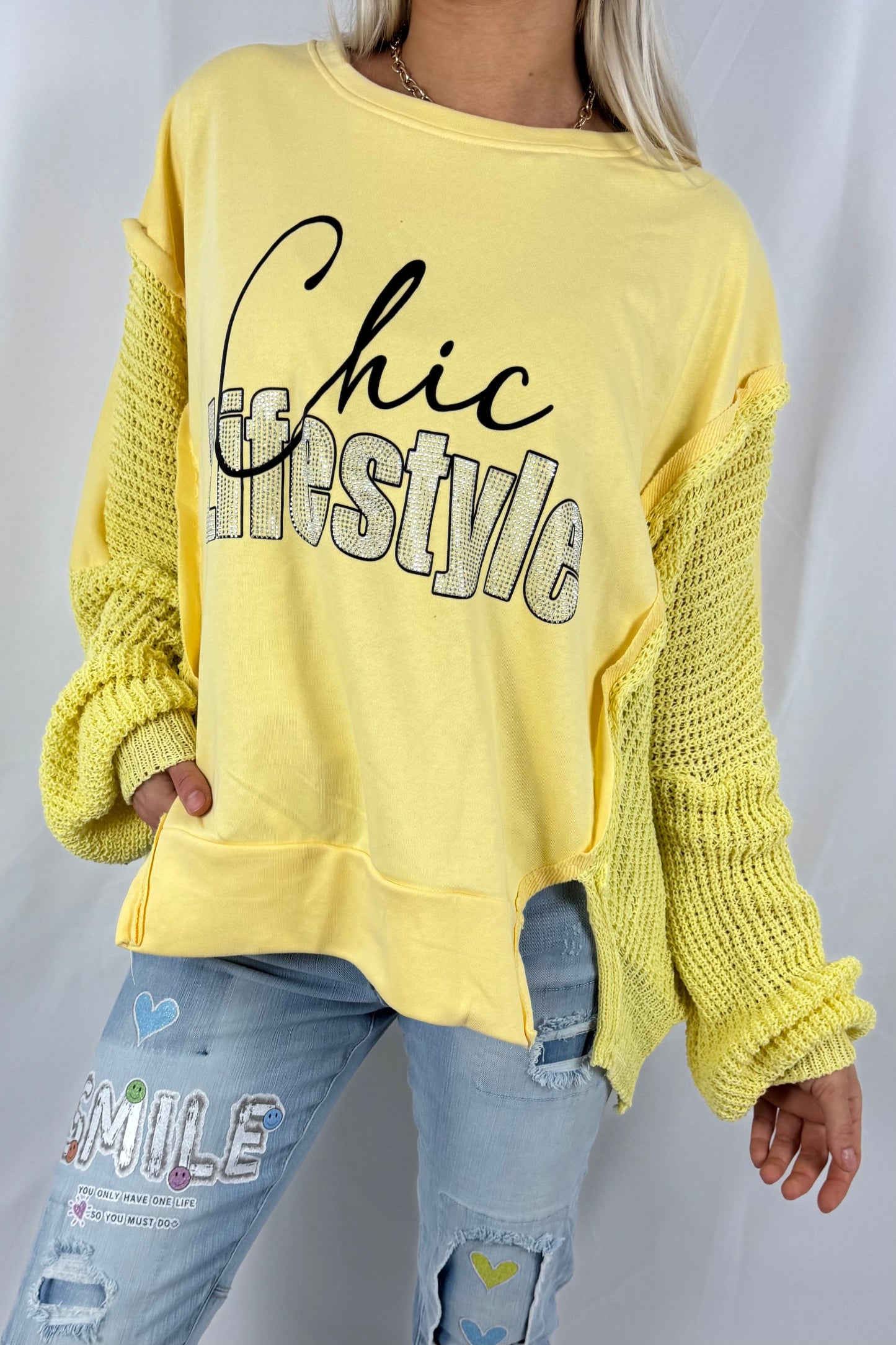 Sweatshirt mit Schrift-Print & Strickärmeln-Gelb