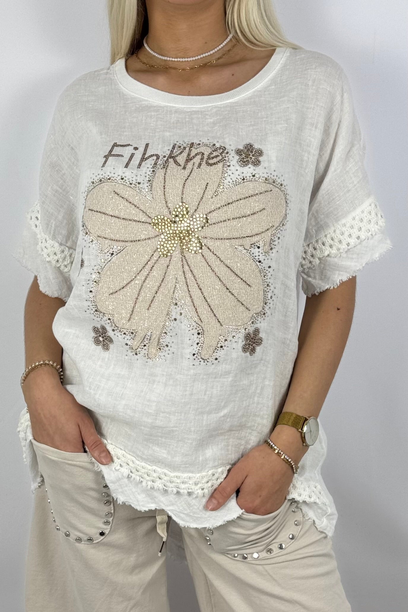 Leinen-Shirt mit Blumenprint & Häkel-Details-Weiß