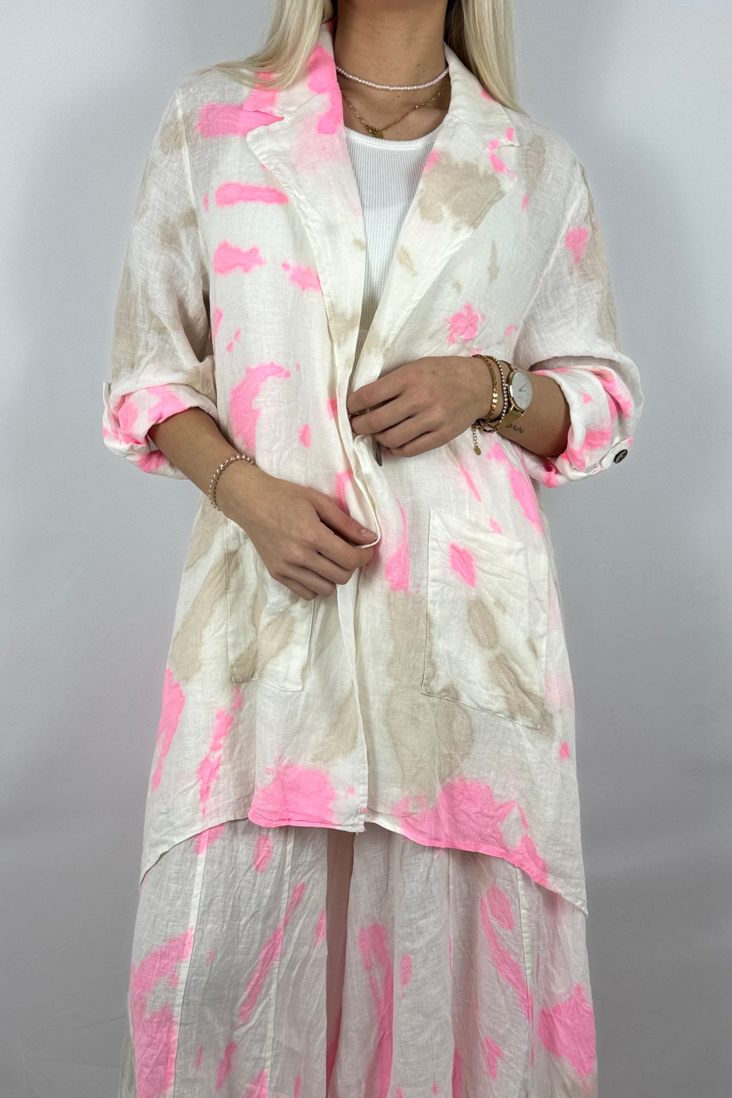 Leinen Bluse mit Batik Muster – Lockerer Oversize Style-Neon Pink