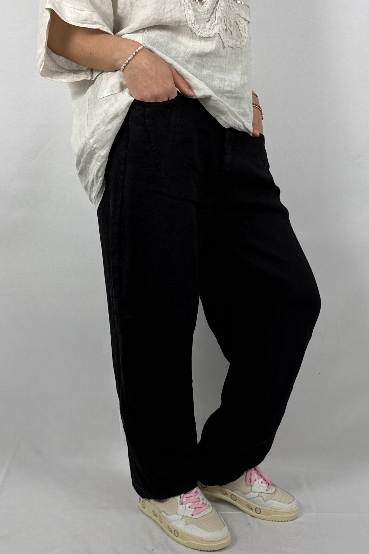 Lässige Leinenhose mit Knopfverschluss – Moderner Sommer Style-Schwarz