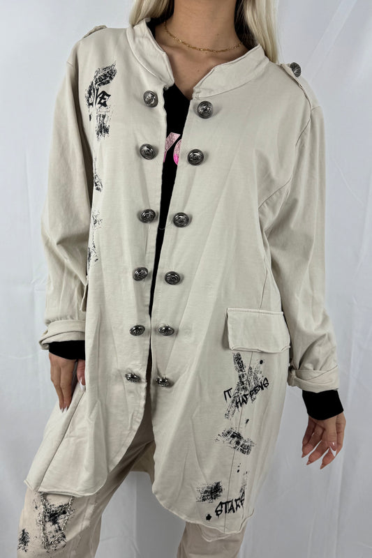 Lässiger Mantel mit Print & Knopfleiste –Beige