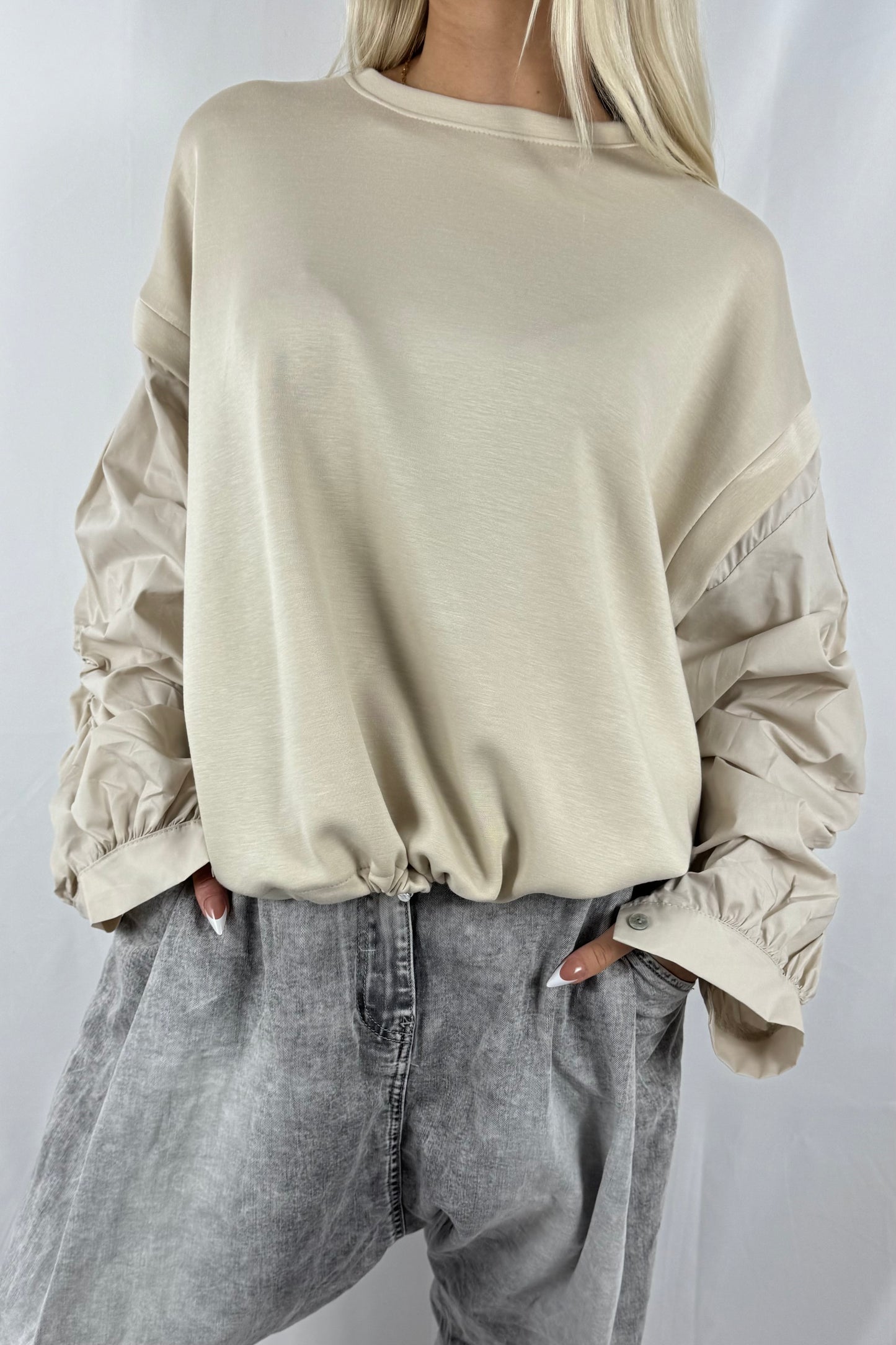 Oversize Sweatshirt mit Volumenärmeln & Tunnelzug –Beige