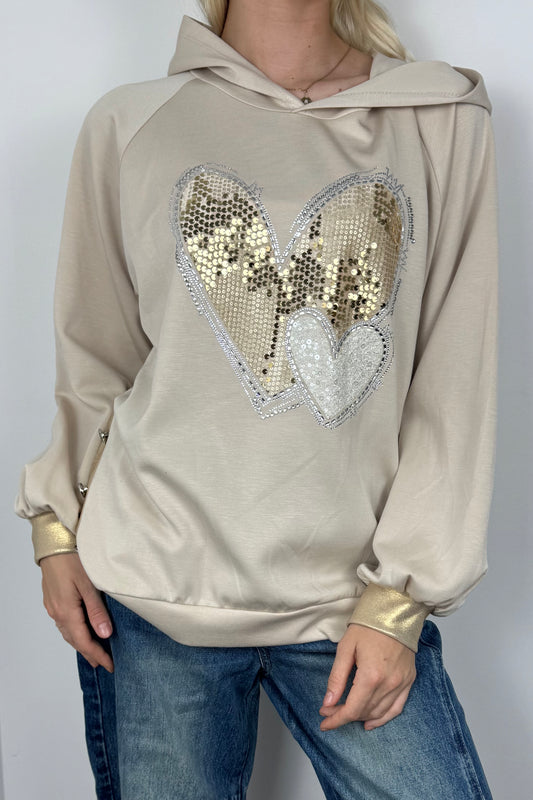 Hoodie mit Herz-Applikation und Glitzer-Details-Beige