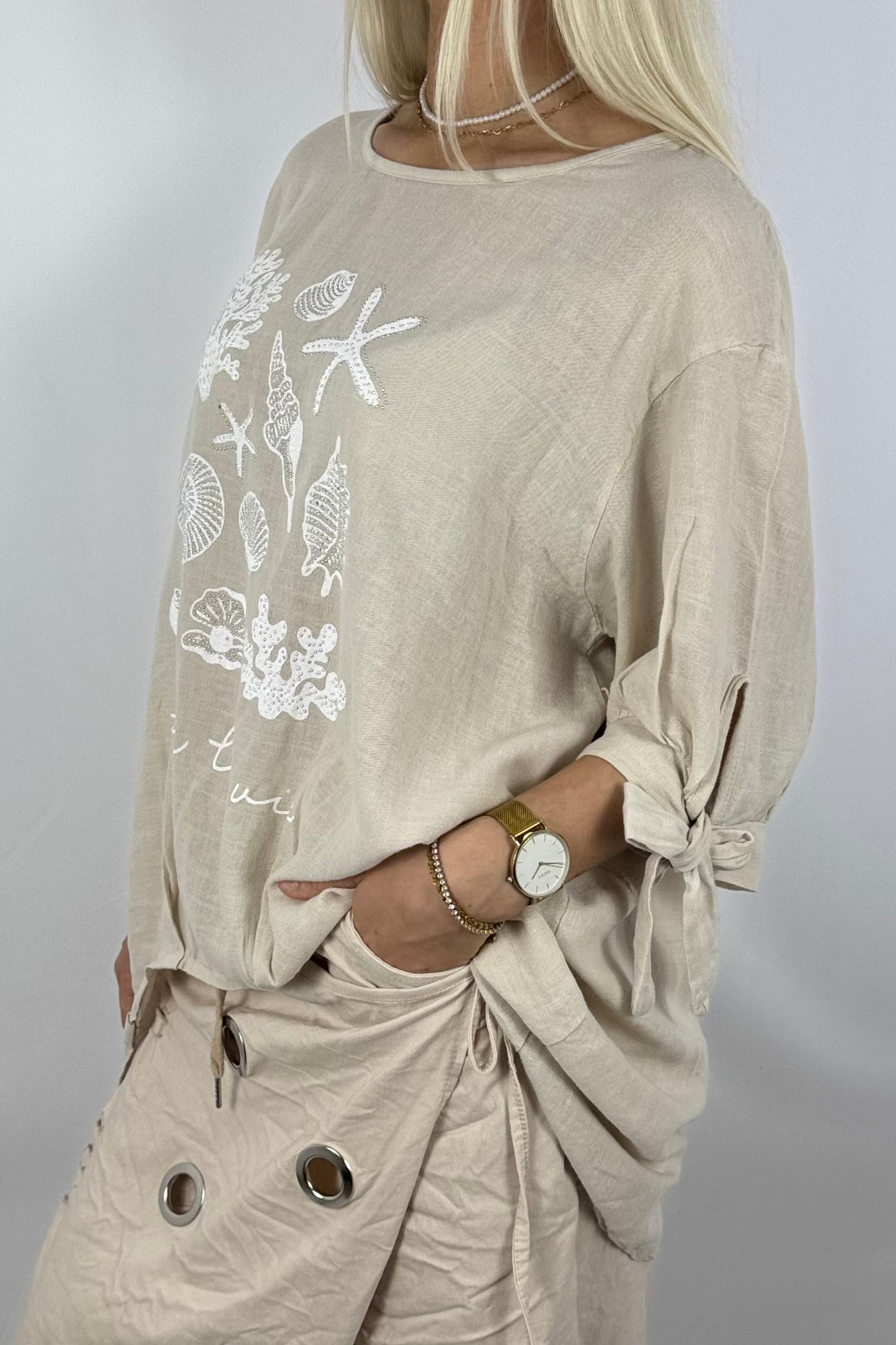 Leinenmix-Shirt „Sea La Vie“-Beige