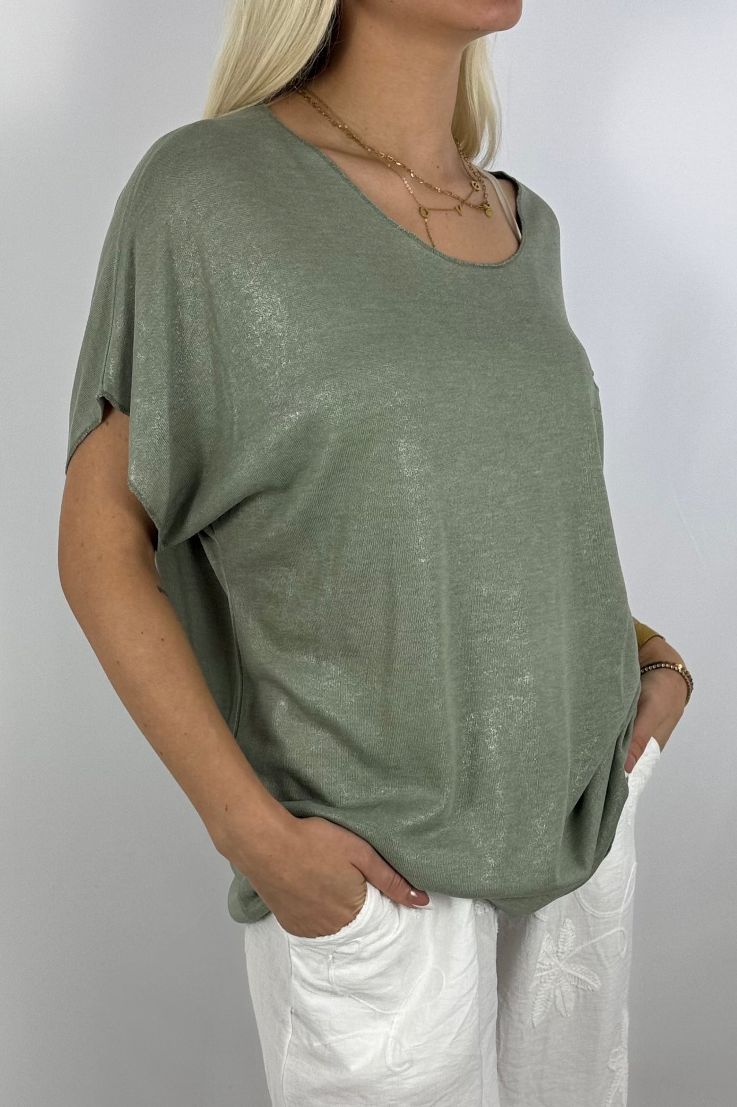 Glitzer-Shirt mit Pailletten-Detail – elegant & bequem-Khaki