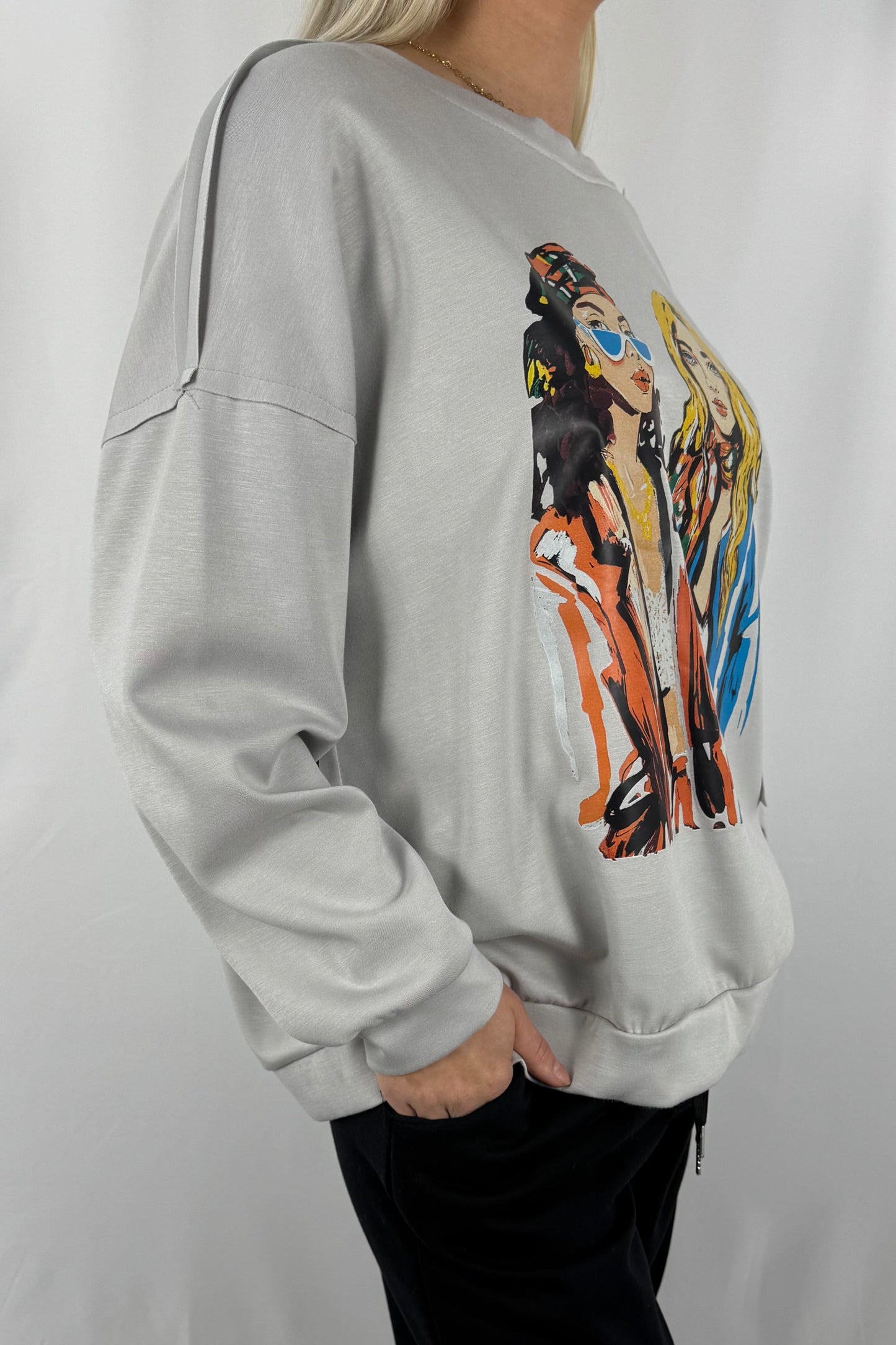 Oversize Damen Sweatshirt mit Fashion Print-grau