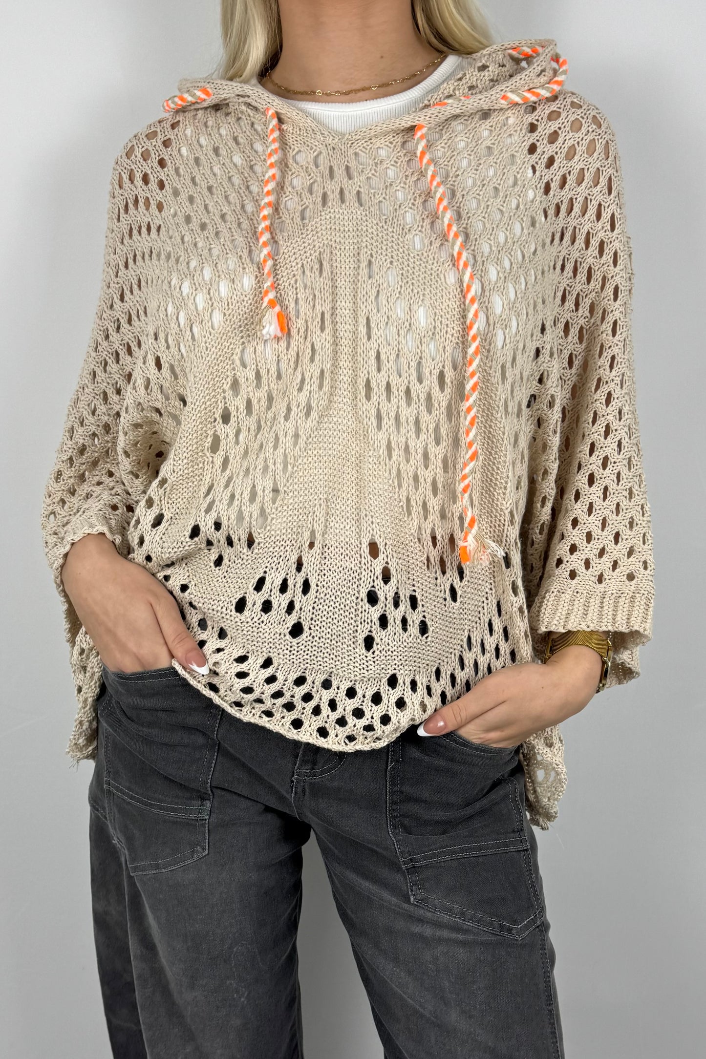 Häkel Hoodie Shirt mit Lochmuster Damen-Beige