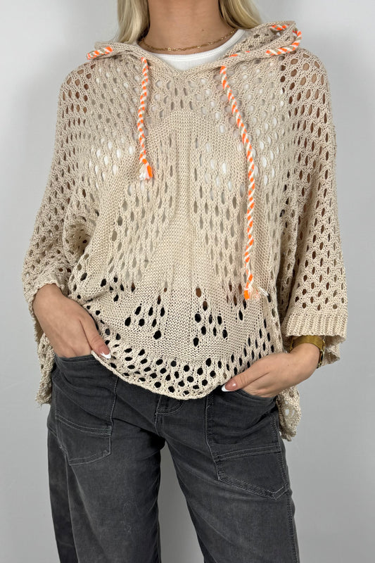 Häkel Hoodie Shirt mit Lochmuster Damen-Beige