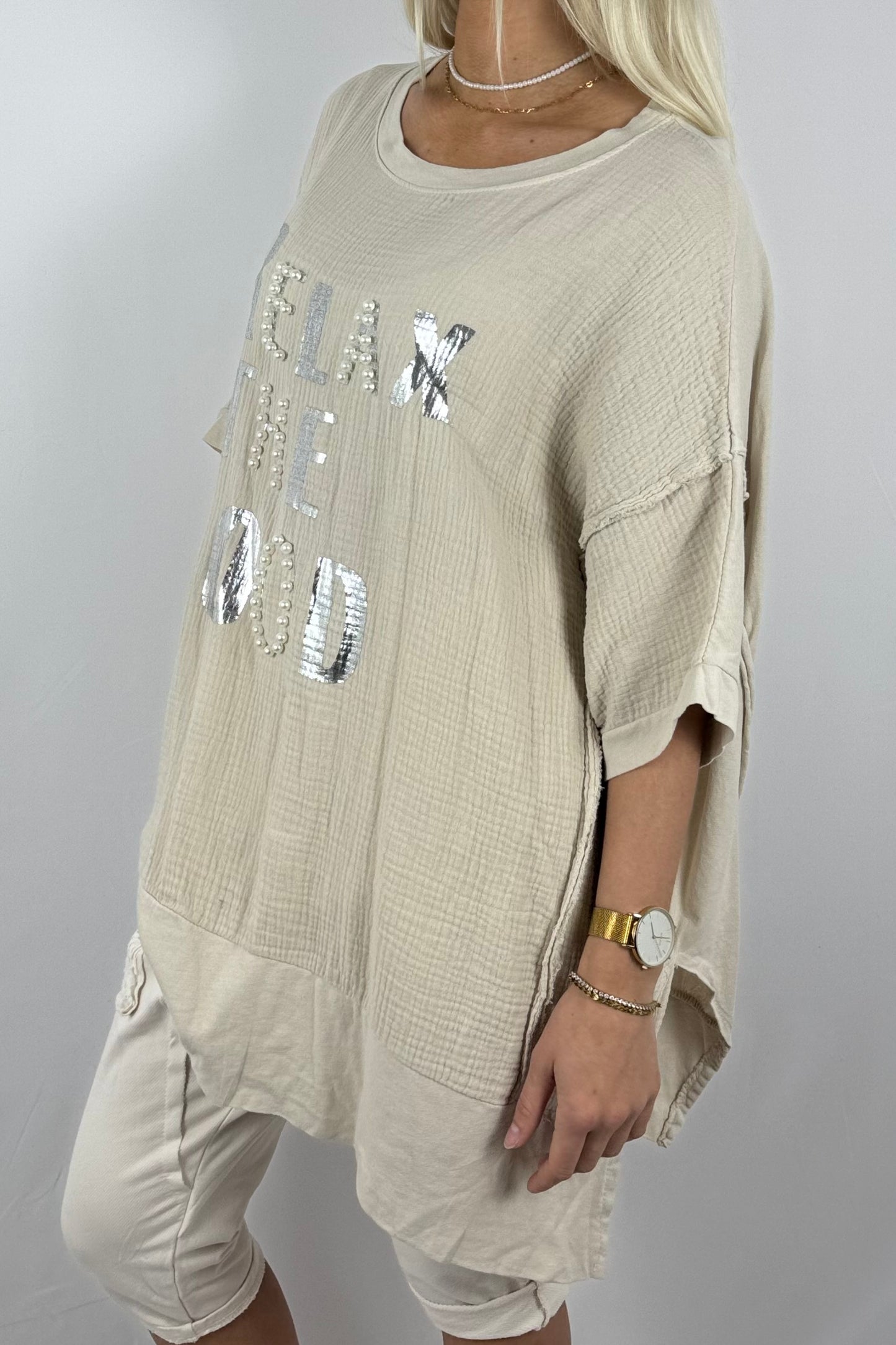 Oversize-Shirt „Relax The Mood“ aus Musselin-Beige