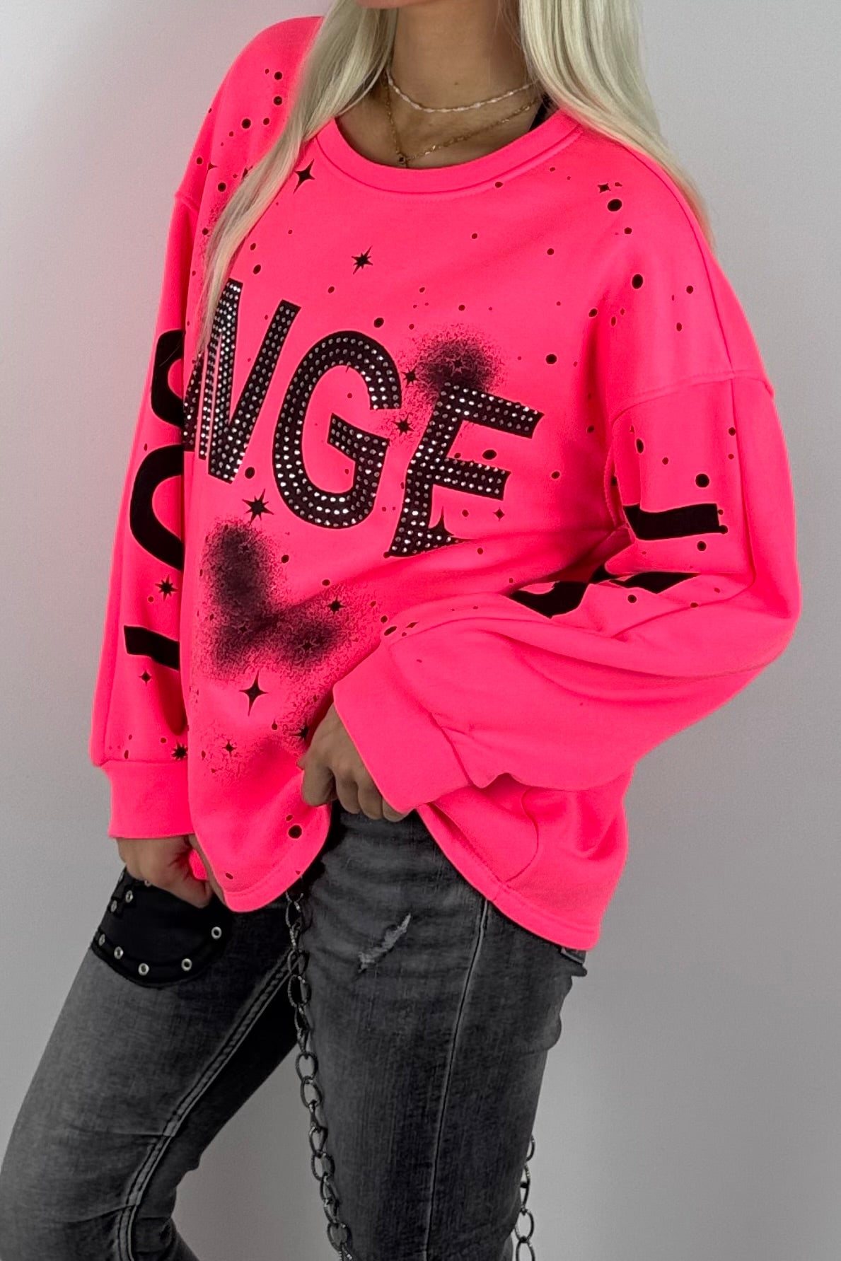 Damen-Sweatshirt mit „Los Angeles“-Schriftzug und Glitzersteinen - Neon Pink