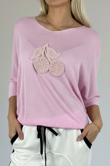 Shirt mit V-Ausschnitt & gehäkelter Applikation-B-Pink