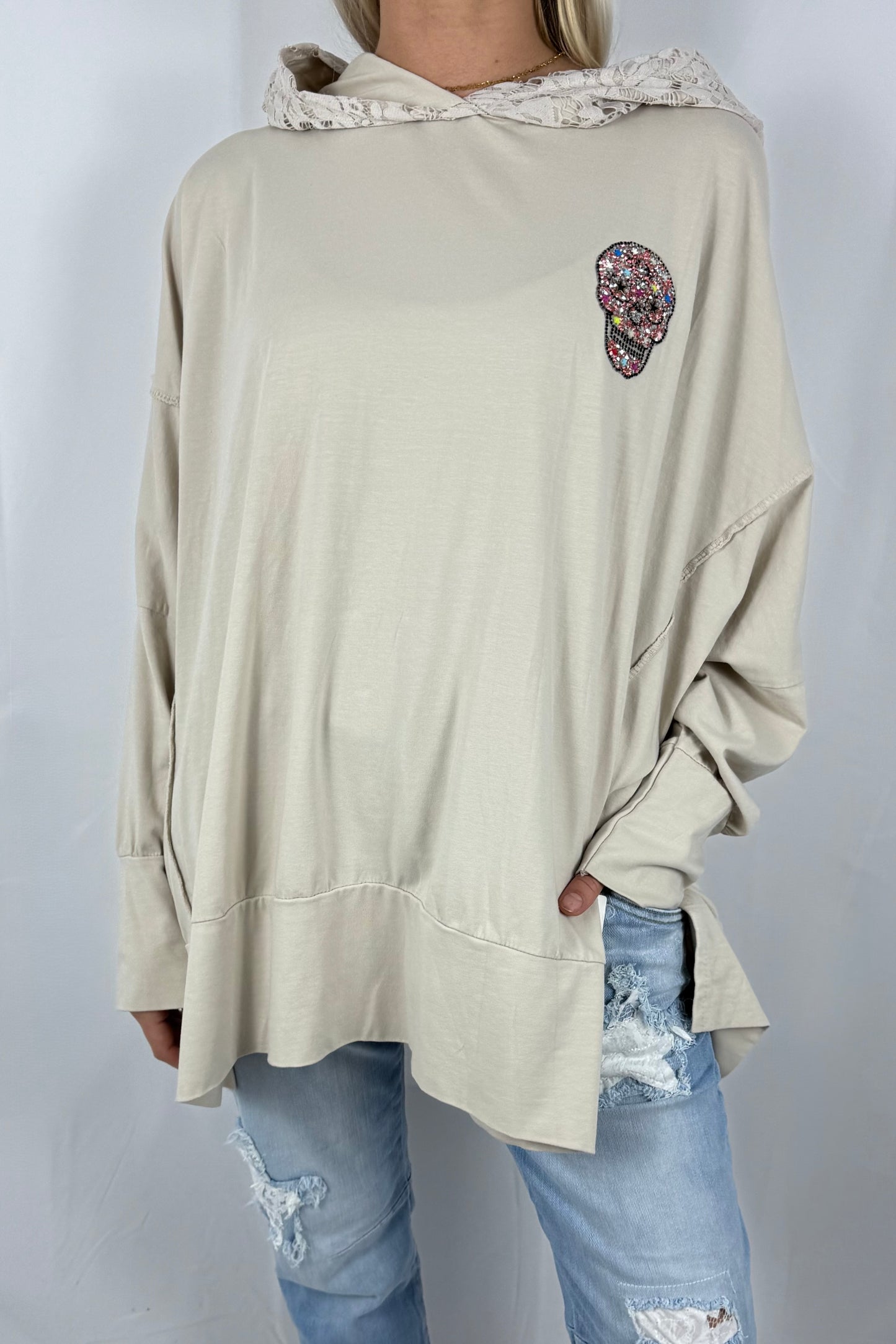Damen Hoodie mit Strass Totenkopf-Beige