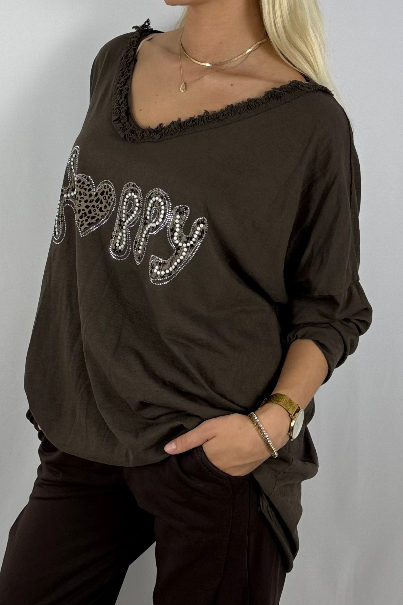 Damen Oversize Shirt – Happy Print-Schoko