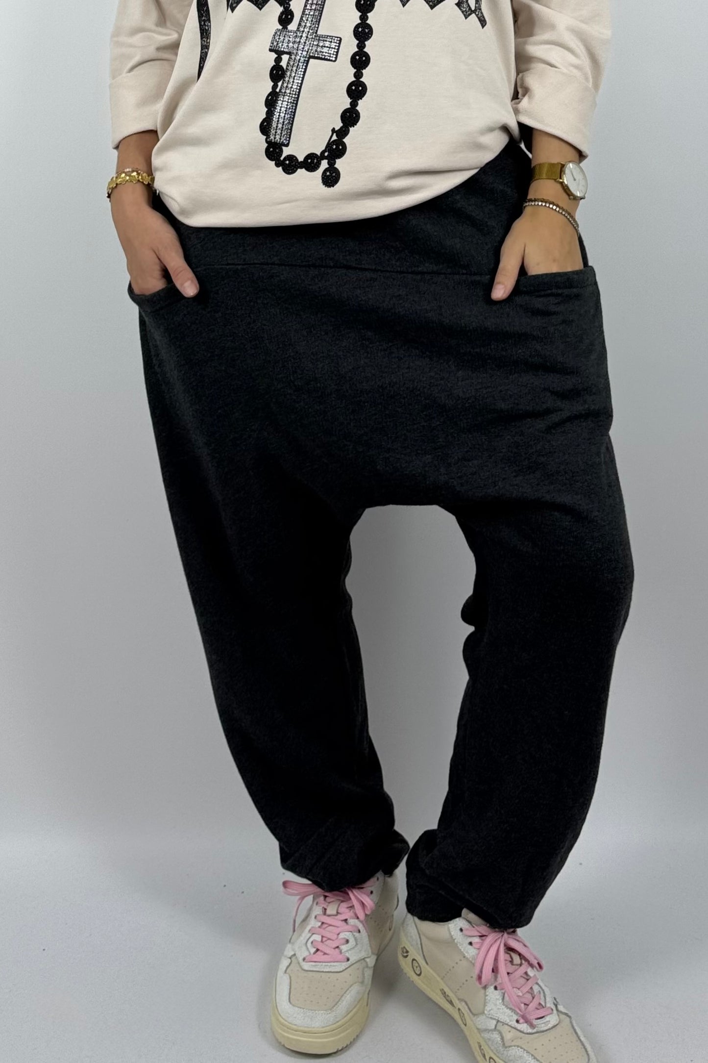 Lässige Baggy-Hose mit Taschen – Schwarz