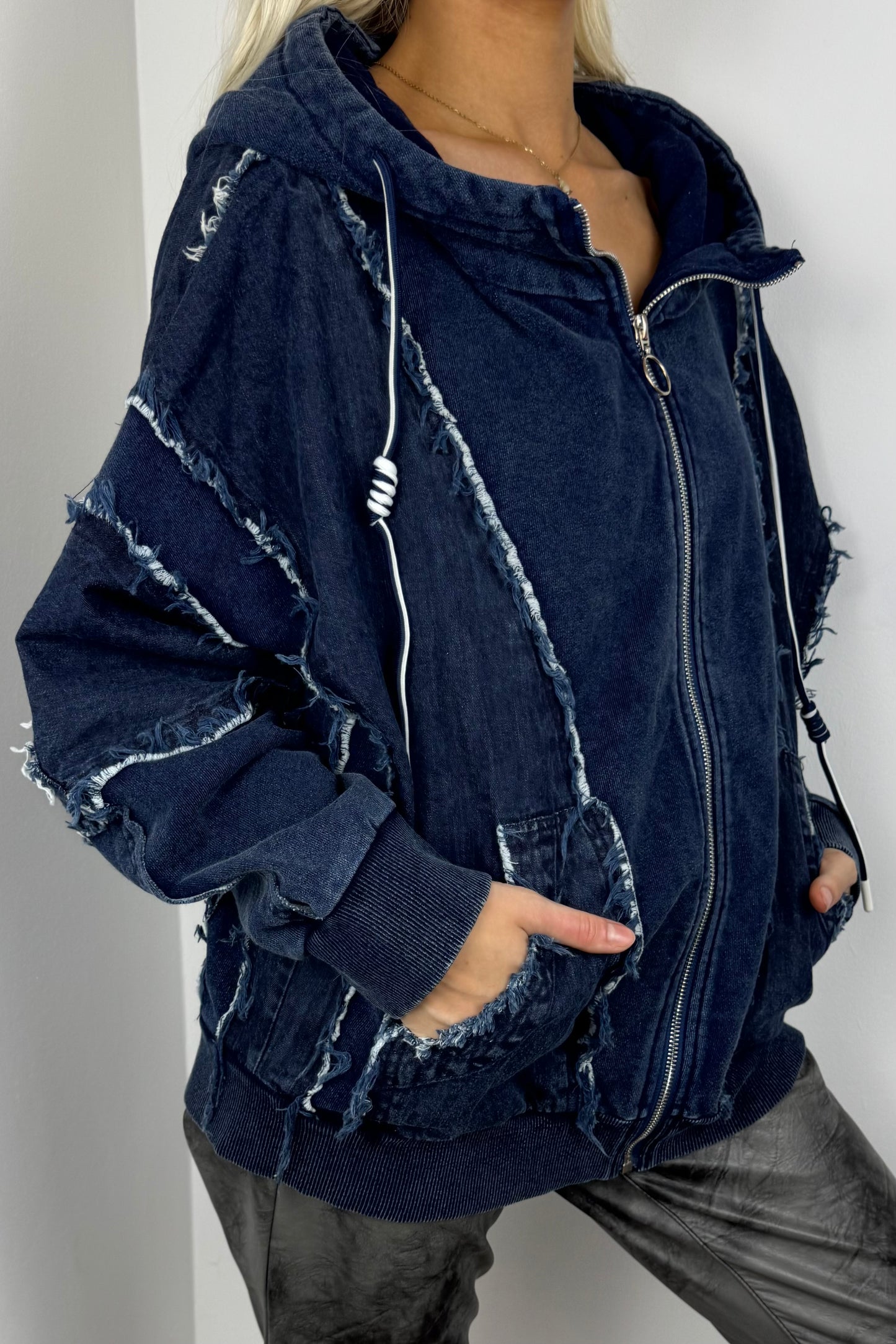 Oversize-Hoodie mit Zipper & Raw-Details –Dunkel BLau