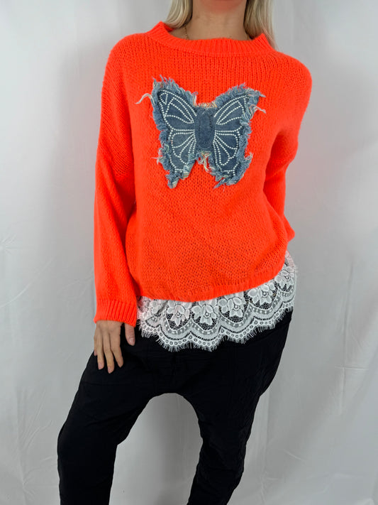 Strick Shirt mit Schmetterlings-Applikation & Spitzenabschluss-Orange