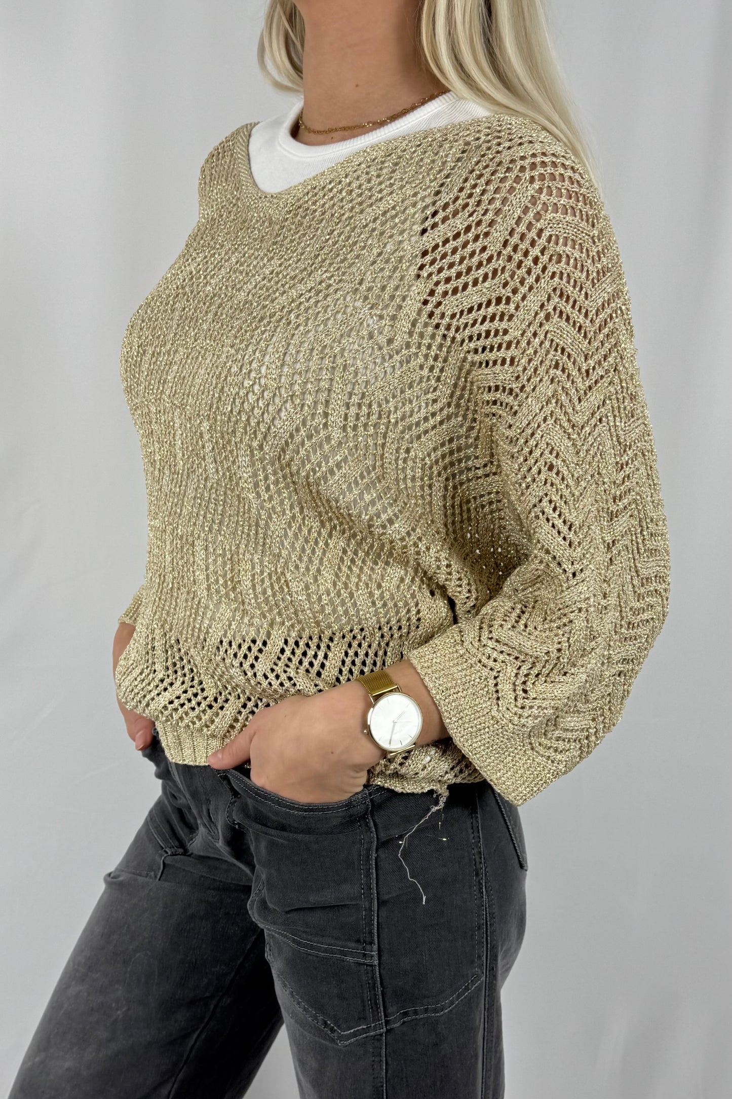 Damen Strick Sweatshirt mit Musterstruktur-gold