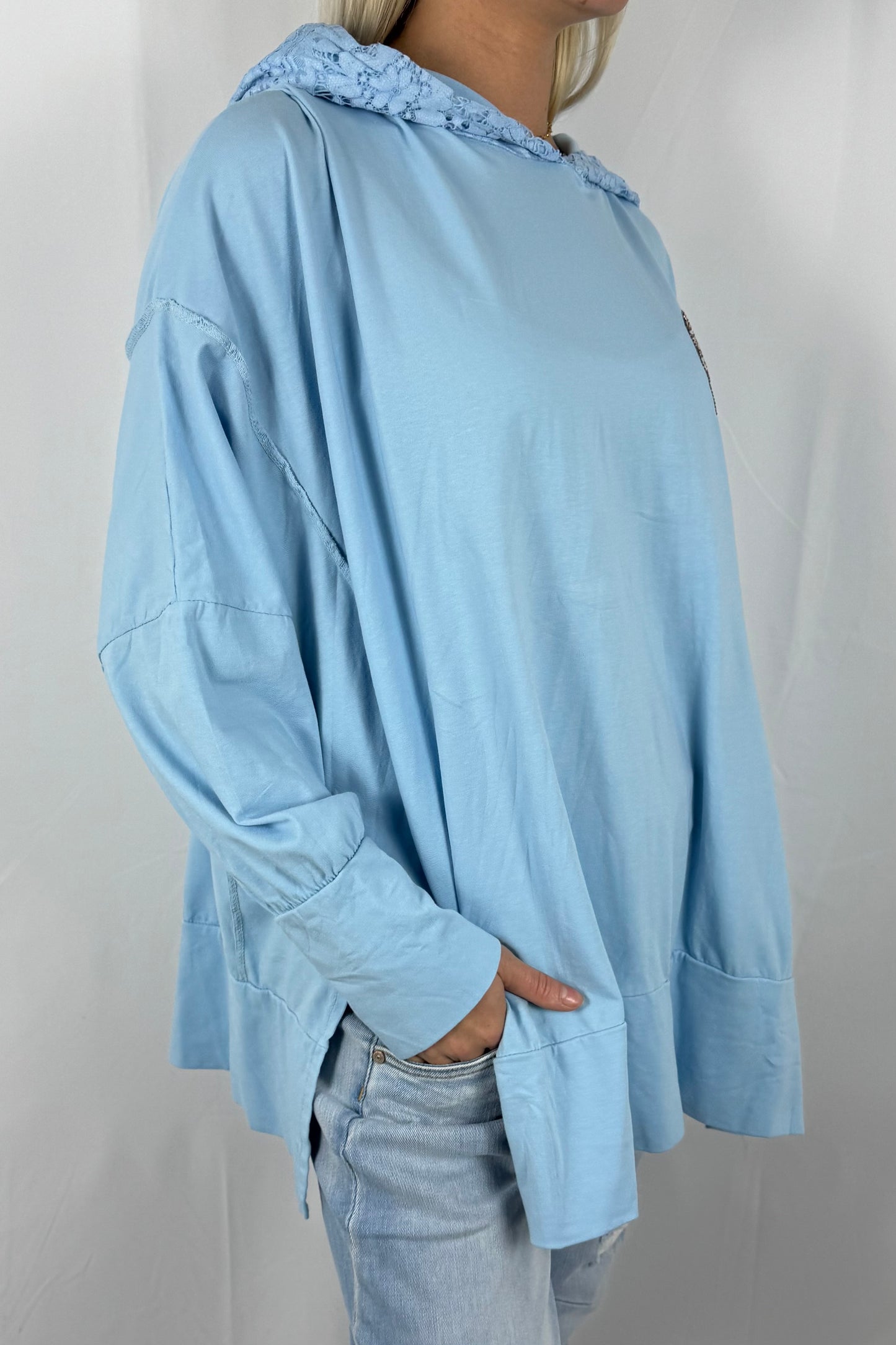 Damen Hoodie mit Strass Totenkopf-Hellblau