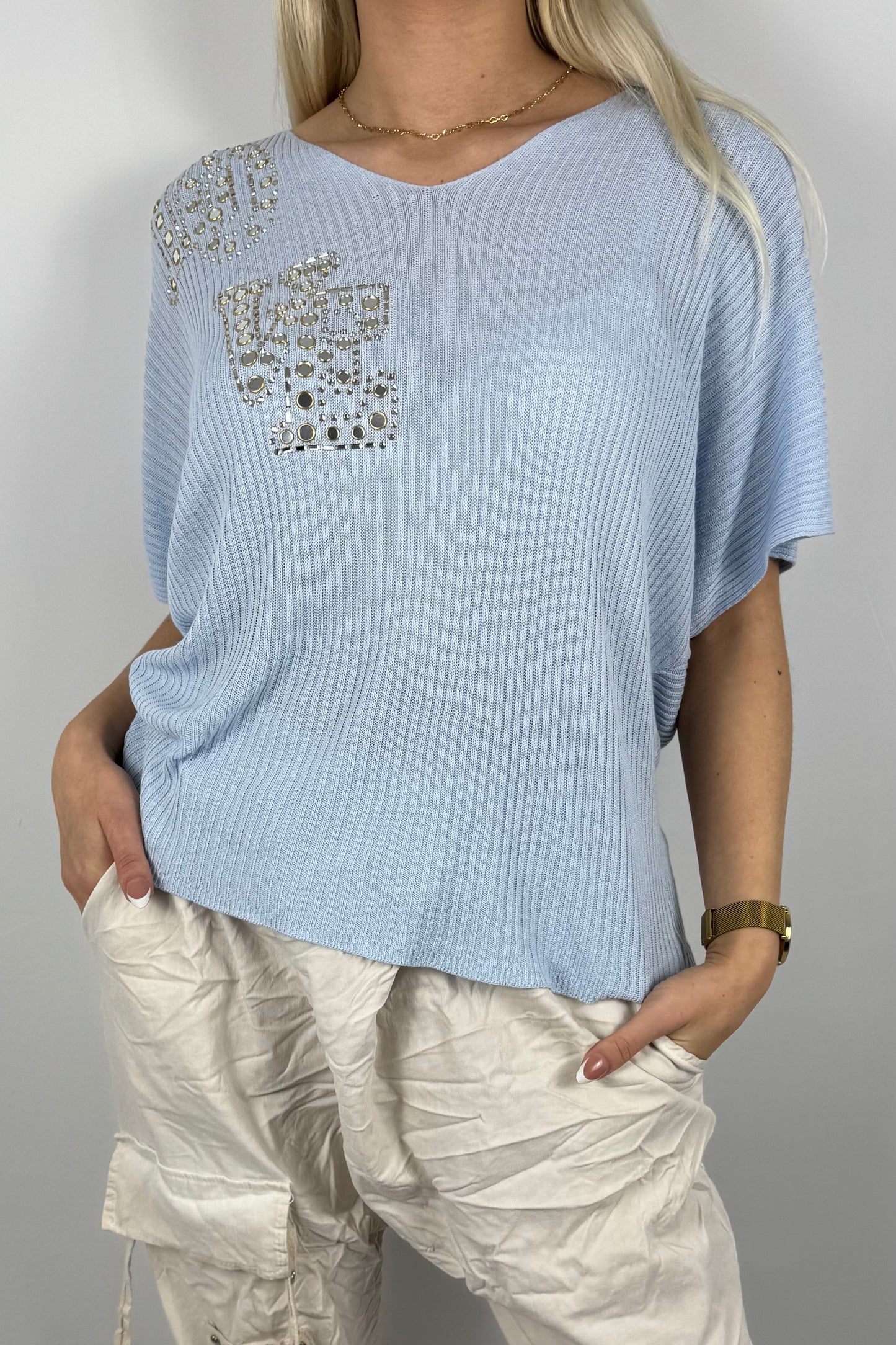 Strickshirt LOVE mit Glitzersteinen Damen-Hellblau