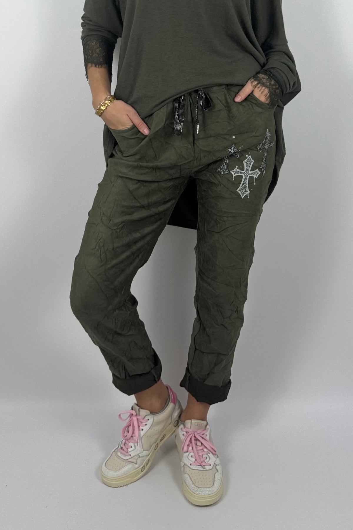 Damen Hose mit Kreuz-Details –Khaki