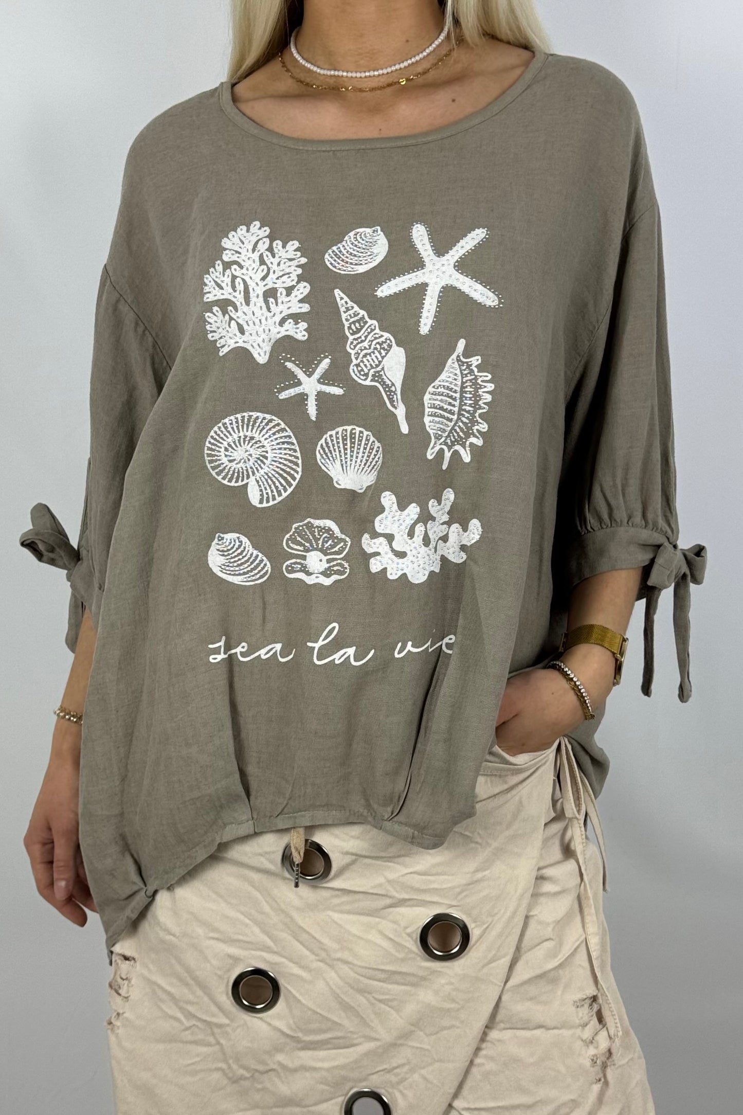 Leinenmix-Shirt „Sea La Vie“-Mud