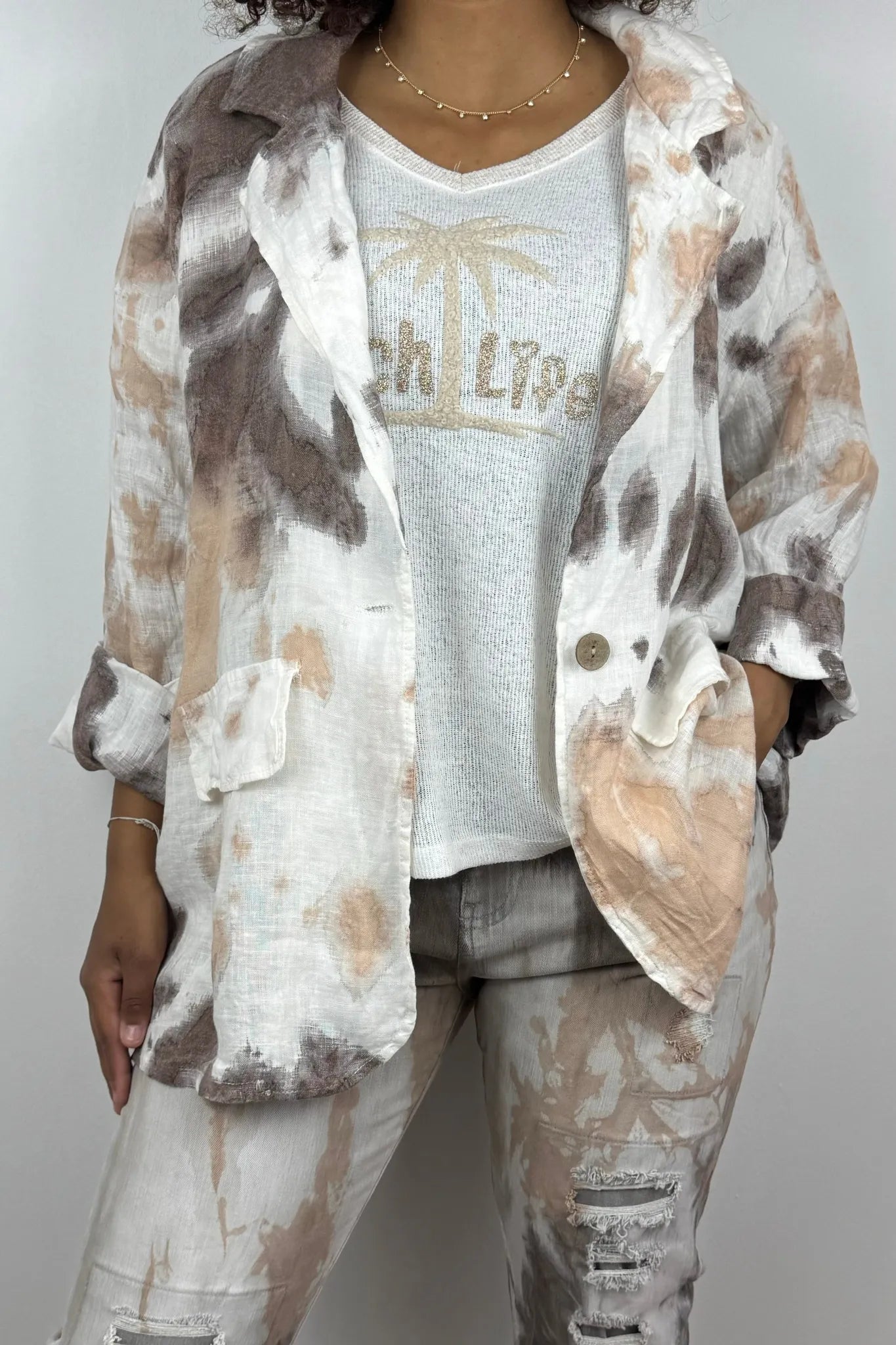 Oversize Damenbluse mit Batikmuster aus 100% Leinen