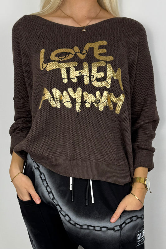 Damen Shirt mit Glitzer-Schriftzug „Love Them Anyway“ –Choco