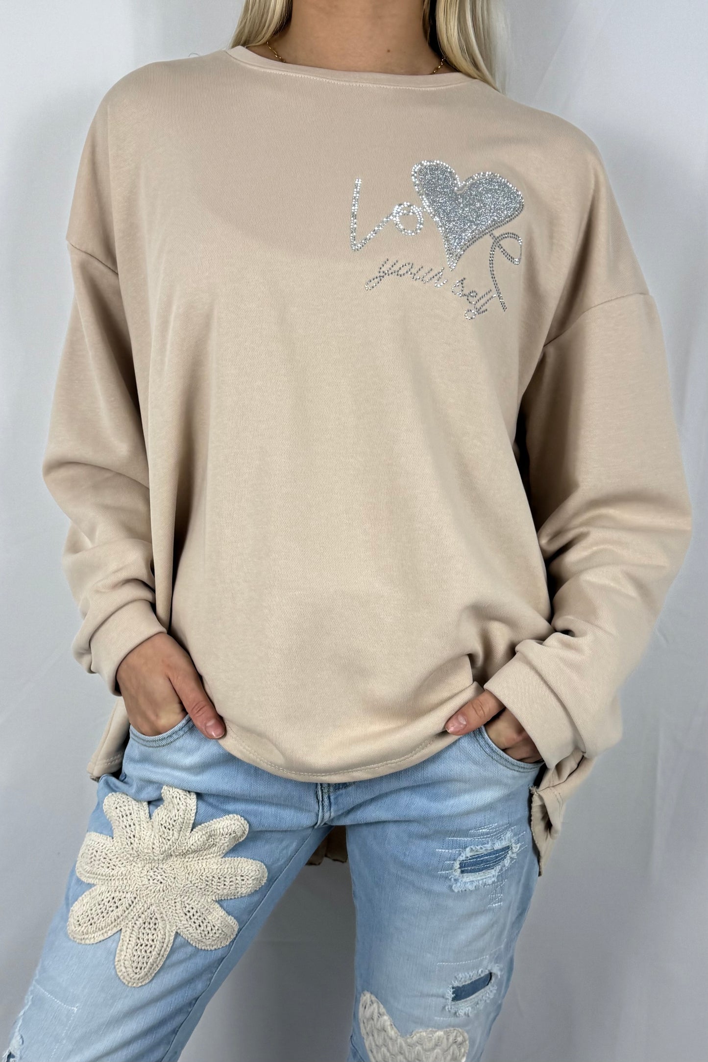 Damen Sweatshirt mit Glitzer Herz & Plissee Einsatz-Beige