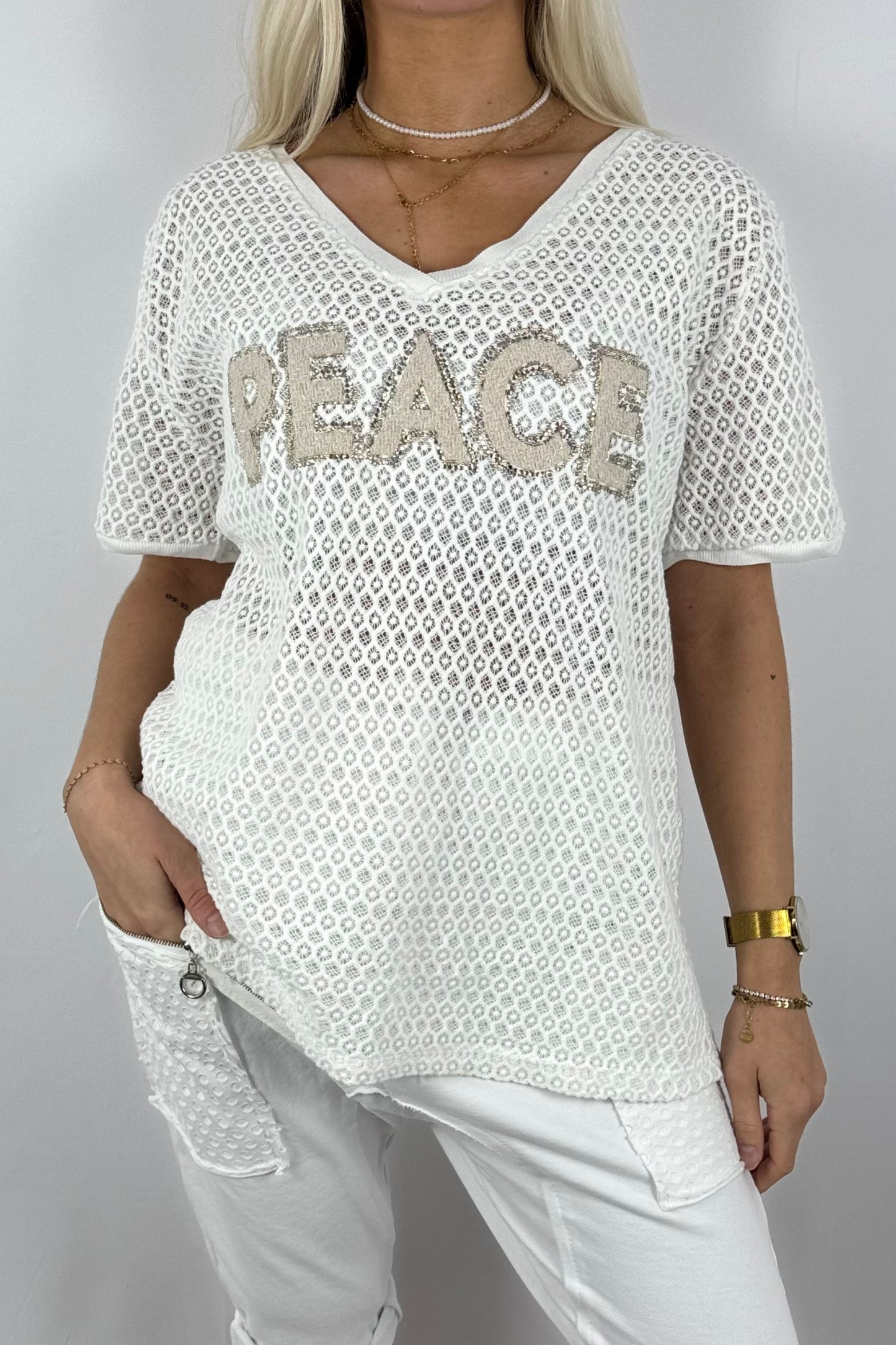 Netz-Shirt „PEACE“ mit Strass-Applikation-Weiß