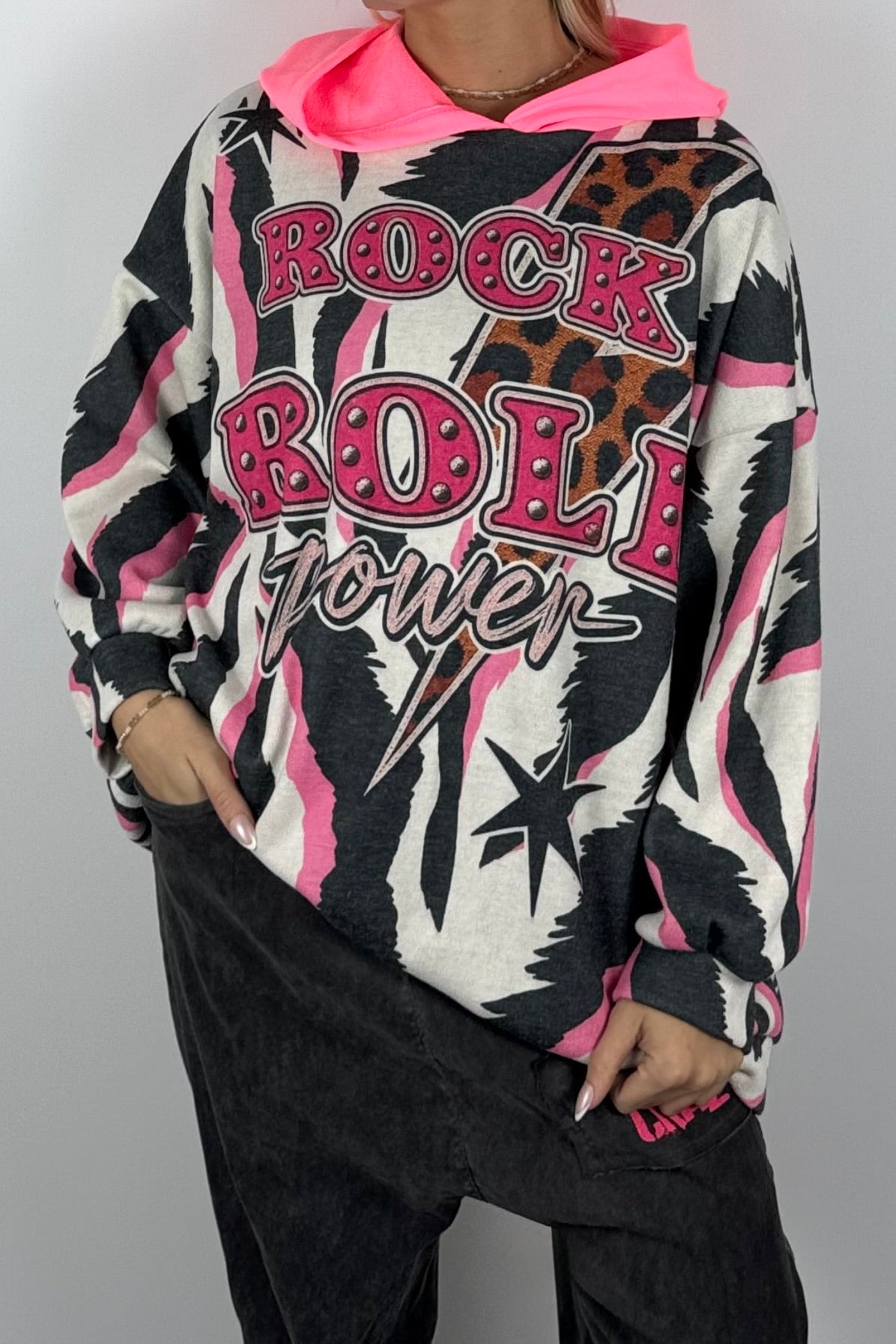 Damen Oversize Hoodie „Rock & Roll Power“-Beige