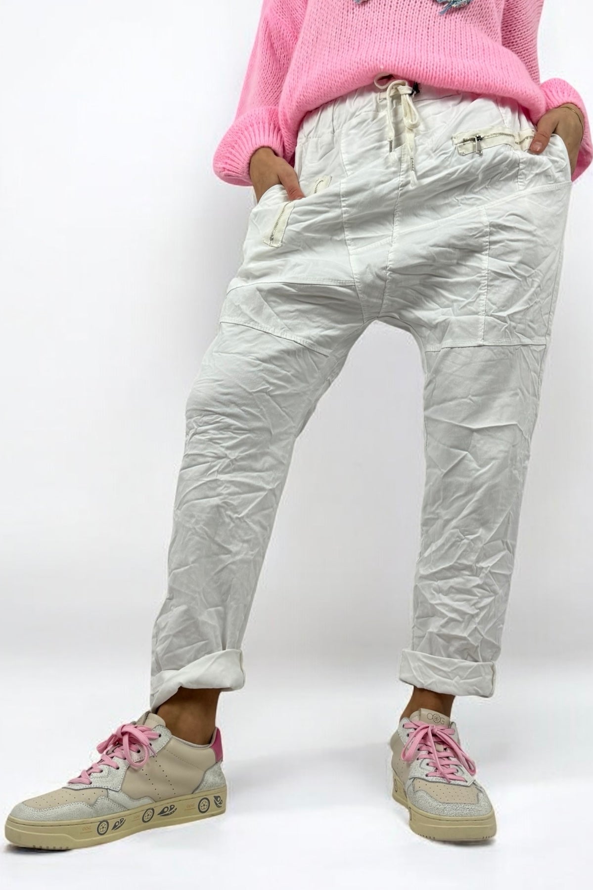 Hose mit elastischem Bund & Reißverschlusstaschen-Weiß