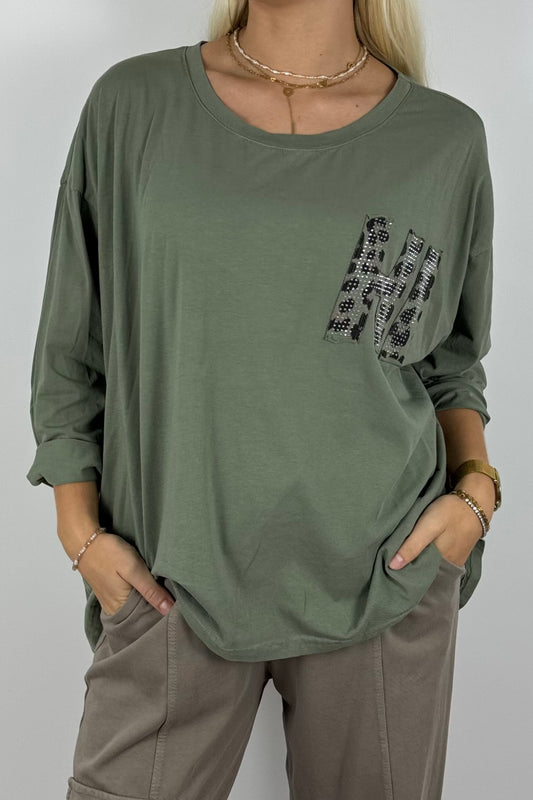 Oversize Longshirt mit Leo-Detail –Khaki