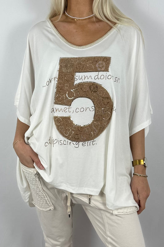 Oversize-Shirt mit Strass-Applikation „5“-Weiß