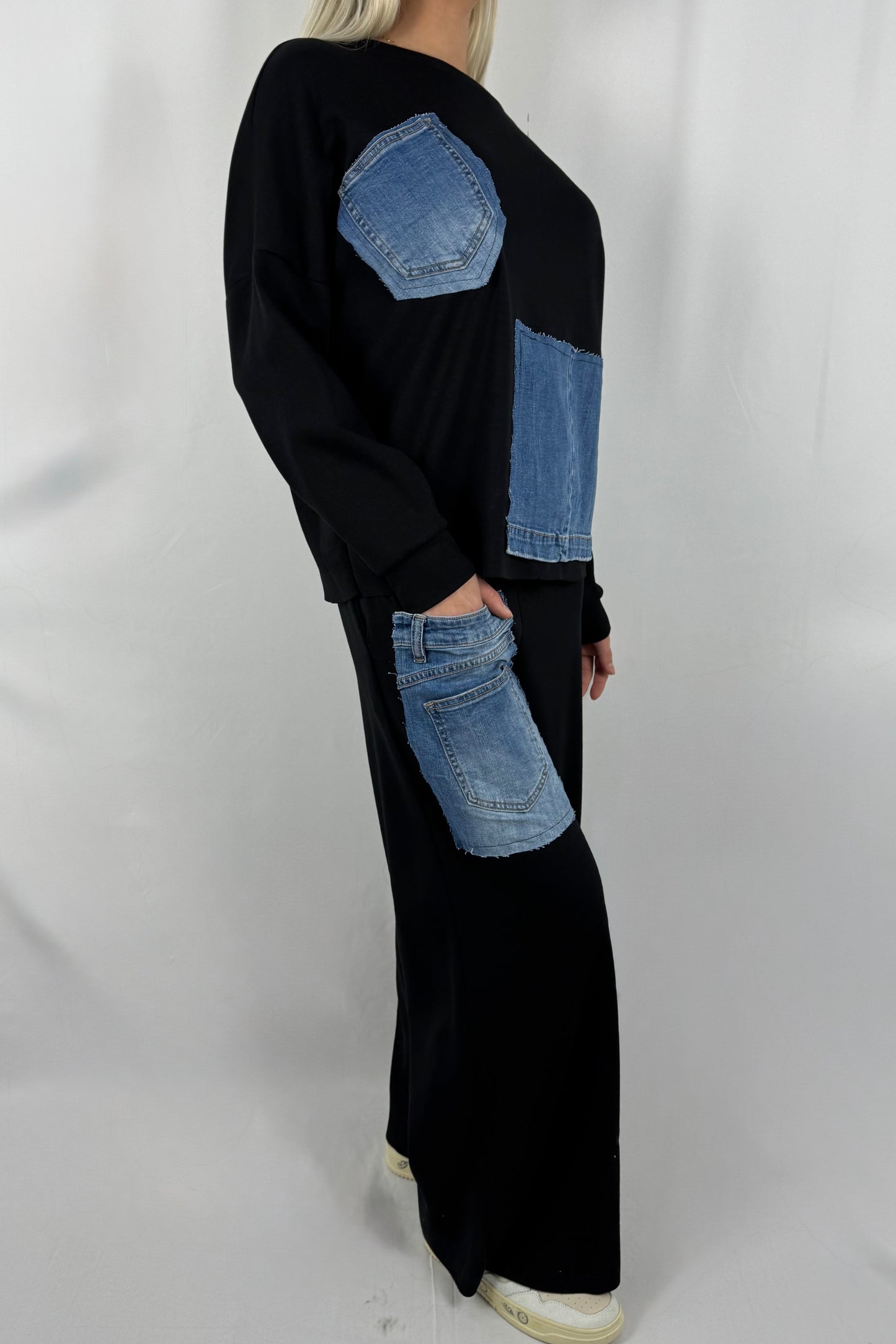 Damen Zweiteiler Set mit Denim Patch Details-Schwarz