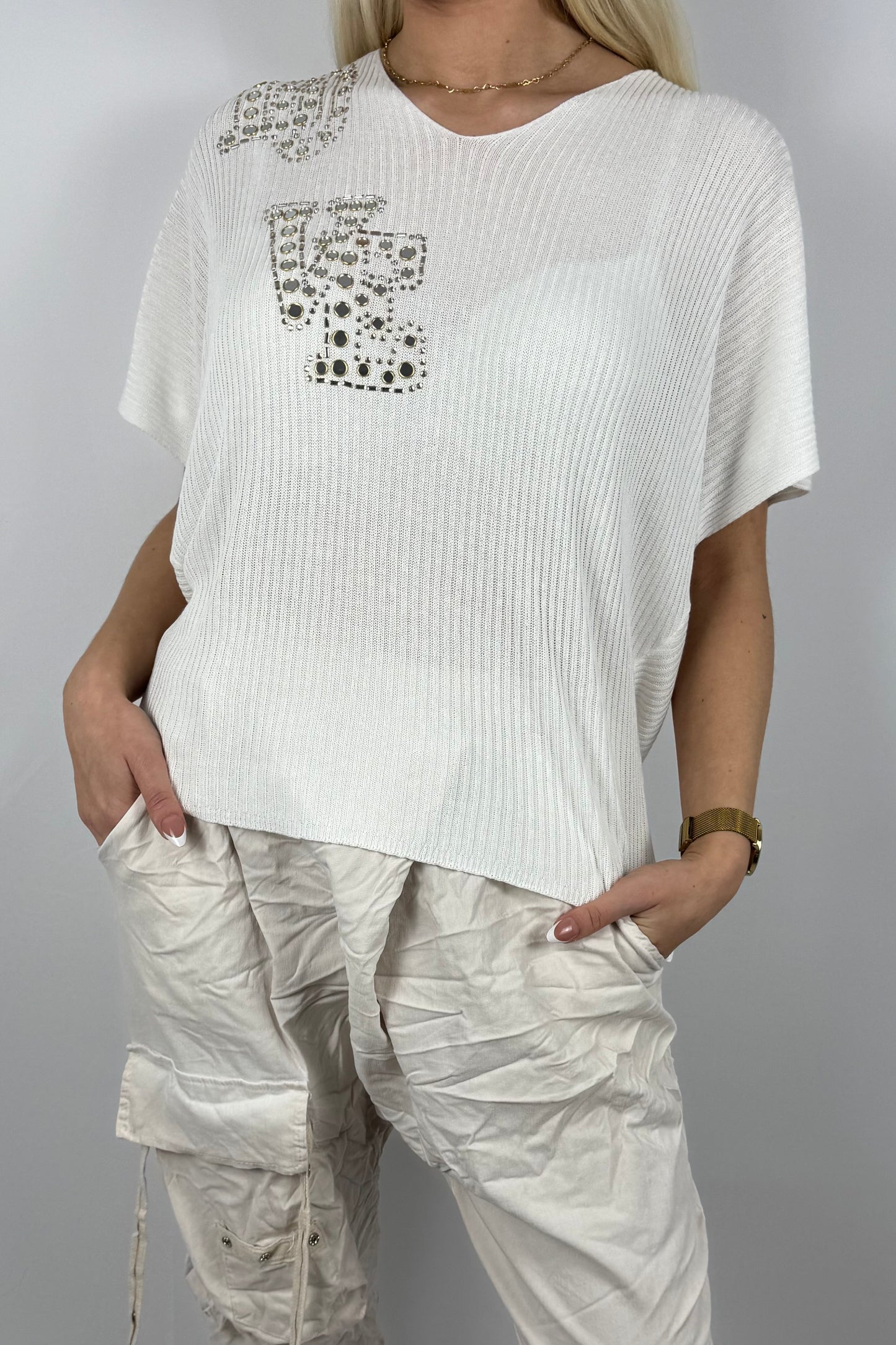 Strickshirt LOVE mit Glitzersteinen Damen-Weiß