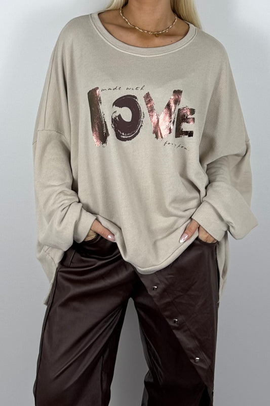 Damen Oversize Sweatshirt „LOVE“ – Beige