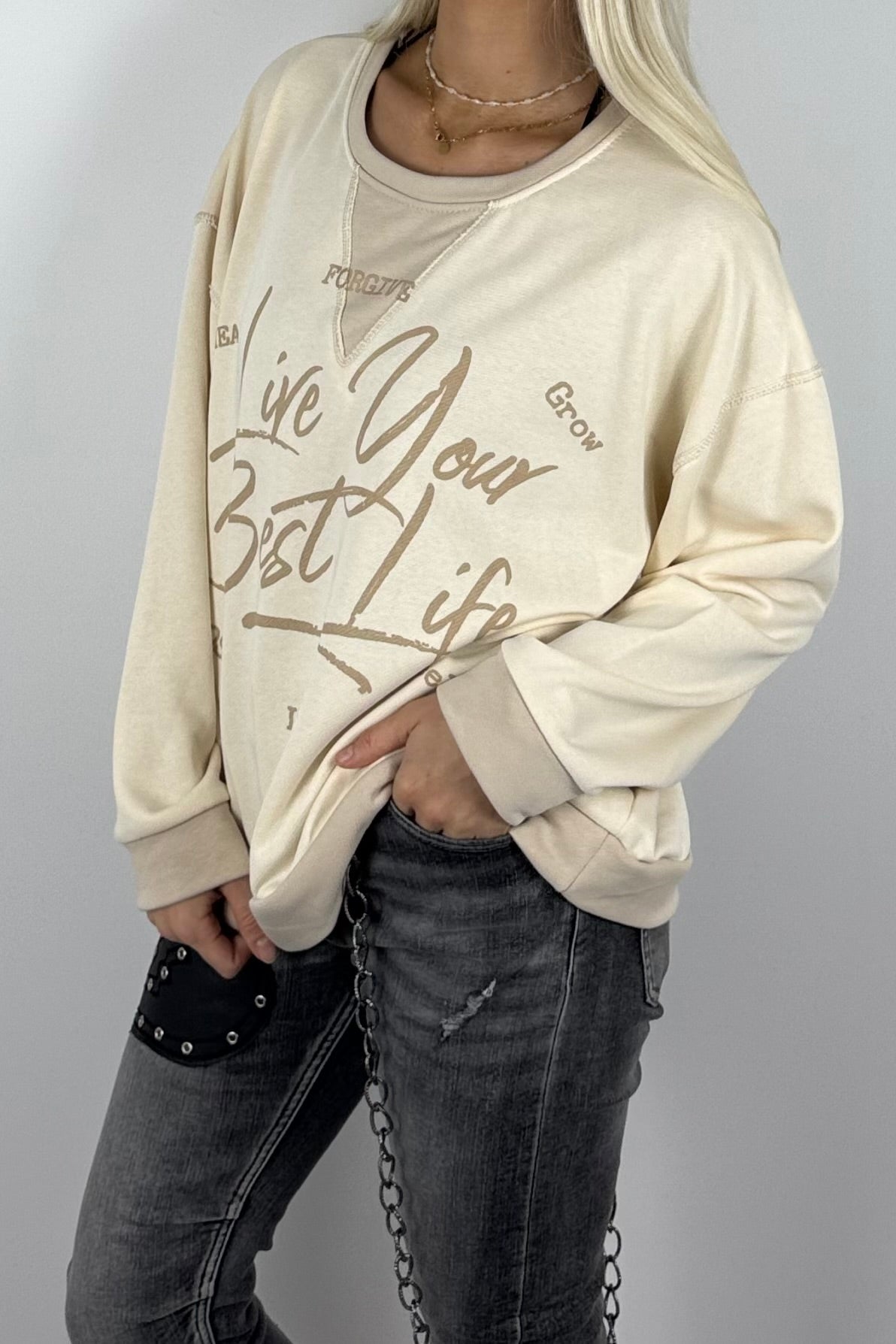 Damen-Sweatshirt mit „Live Your Best Life“-Print-Beige