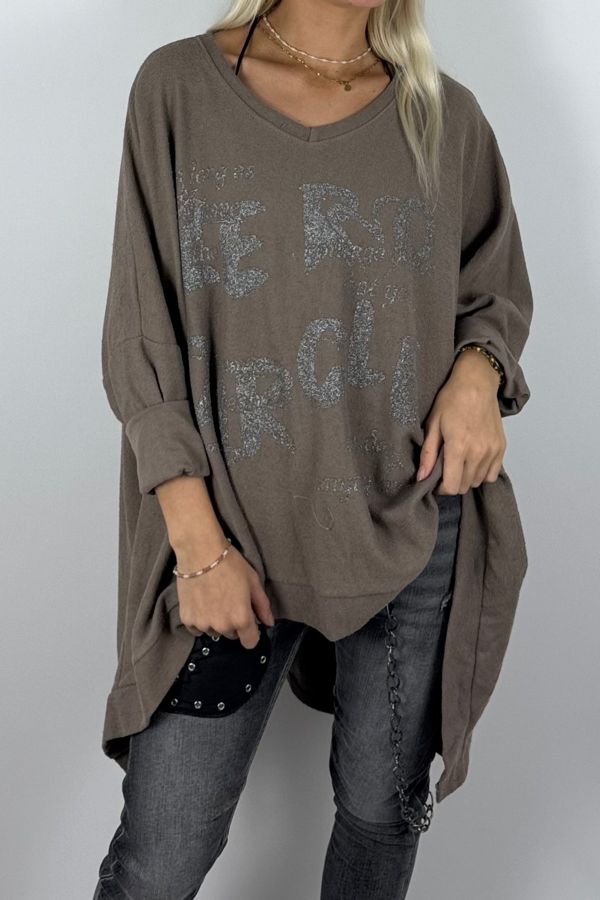 Damen-Sweatshirt mit V-Ausschnitt und Glitzerprint-Mud