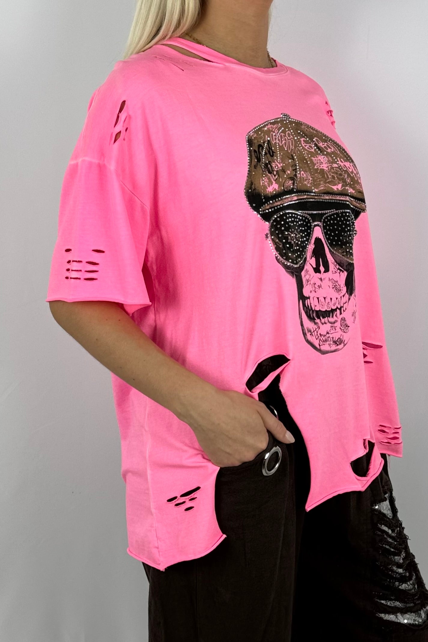 Oversize Shirt mit Skull-Print & Destroyed-Look-Neon Pink