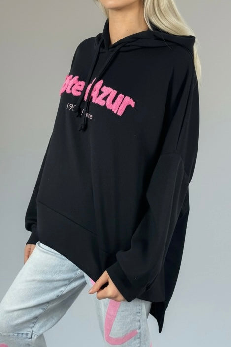 Oversize Hoodie mit Schriftzug „Côte d’Azur“-Schwarz