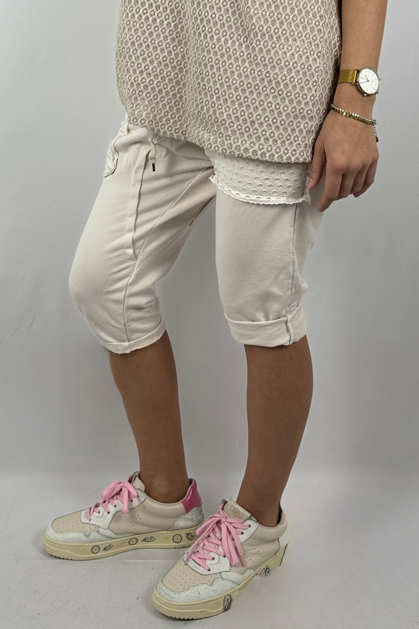 Baggy-Shorts mit Reißverschluss-Detail und Struktur-Einsätzen-Beige