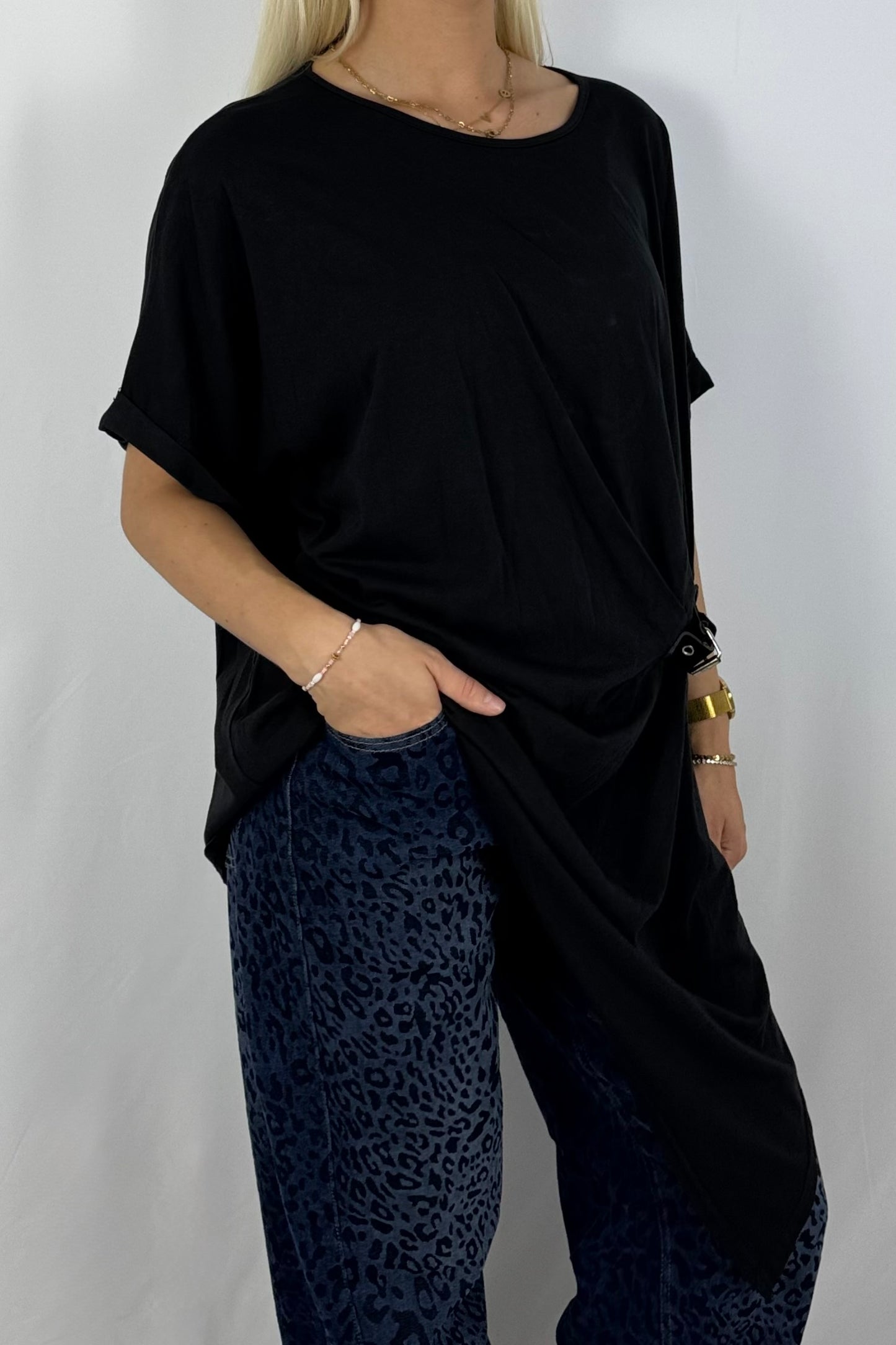 Damen Longshirt mit Schnalle – Oversize-Schwarz