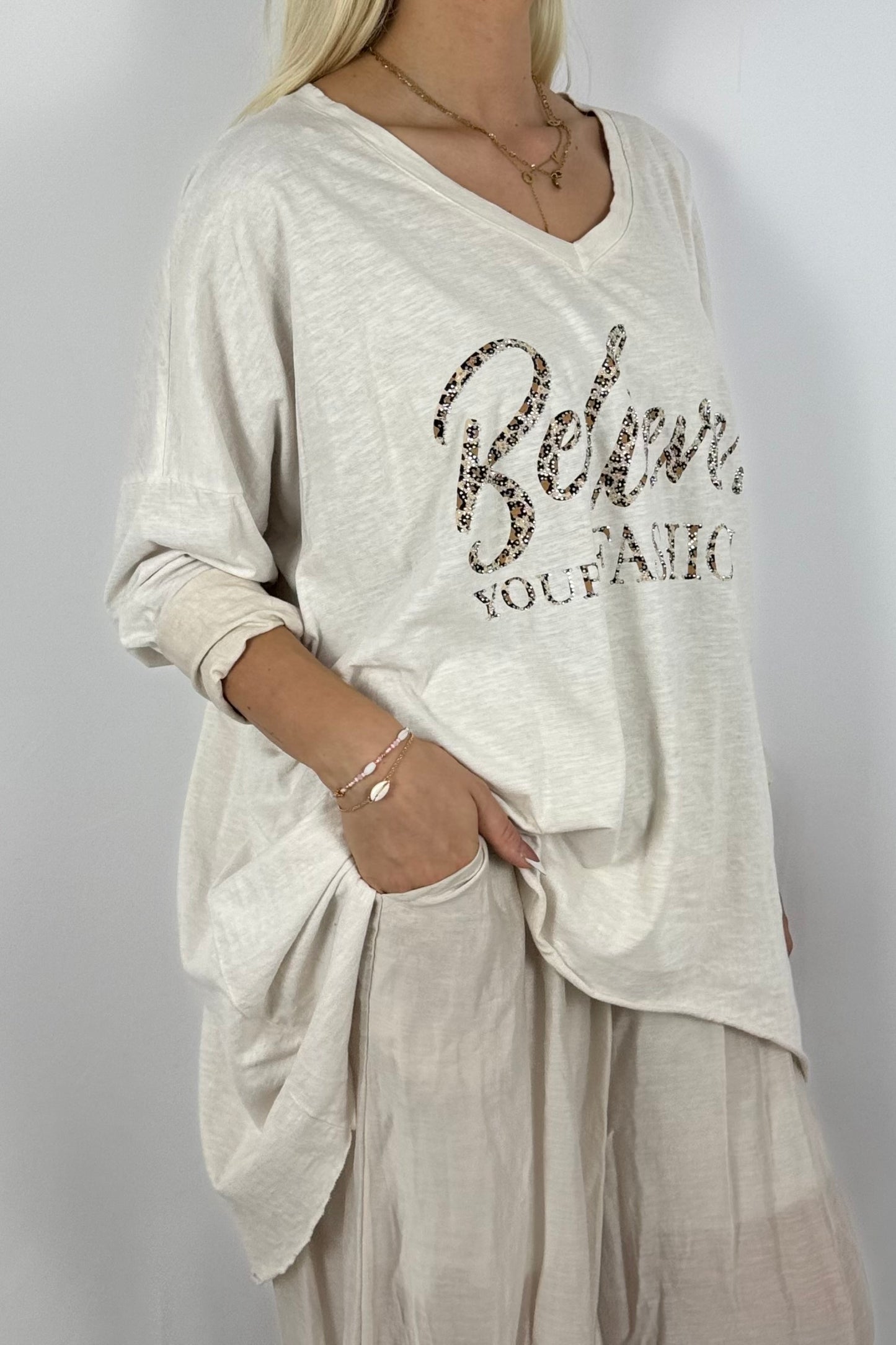 Oversize-Shirt mit Statement-Print-Beige