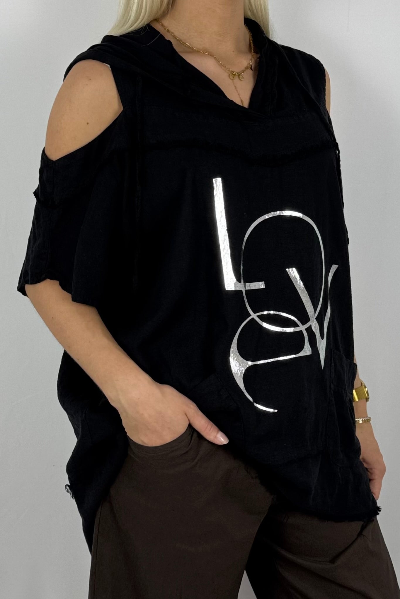 Leinen-Top mit Kapuze & LOVE-Print-Schwarz
