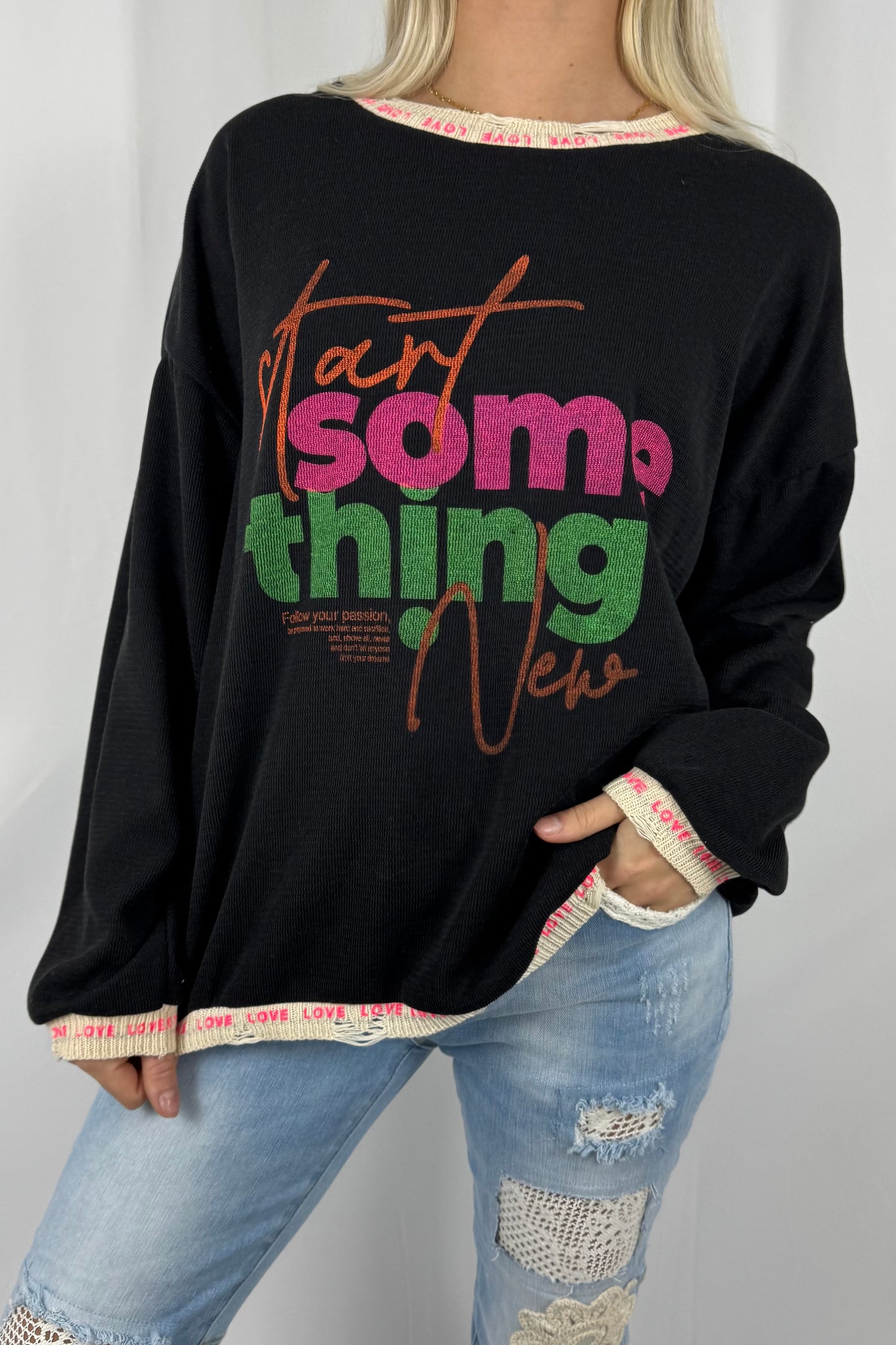 Oversize Shirt mit Schriftzug „Start Something New“-Schwarz